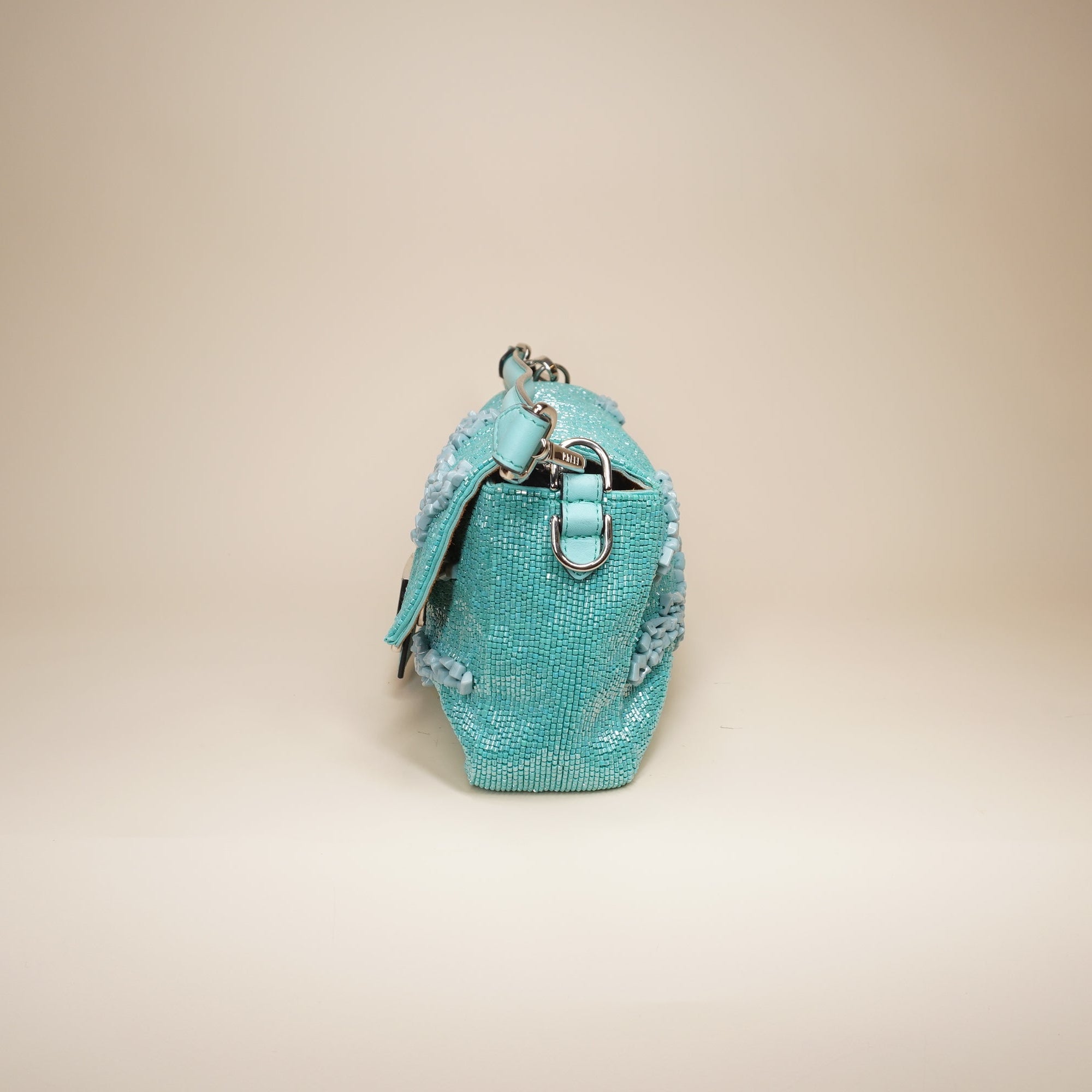 PRE-OWNED FF Turquoise Rolling Stone Vitello Seta Bead Embroidered Re-Edition Baguette