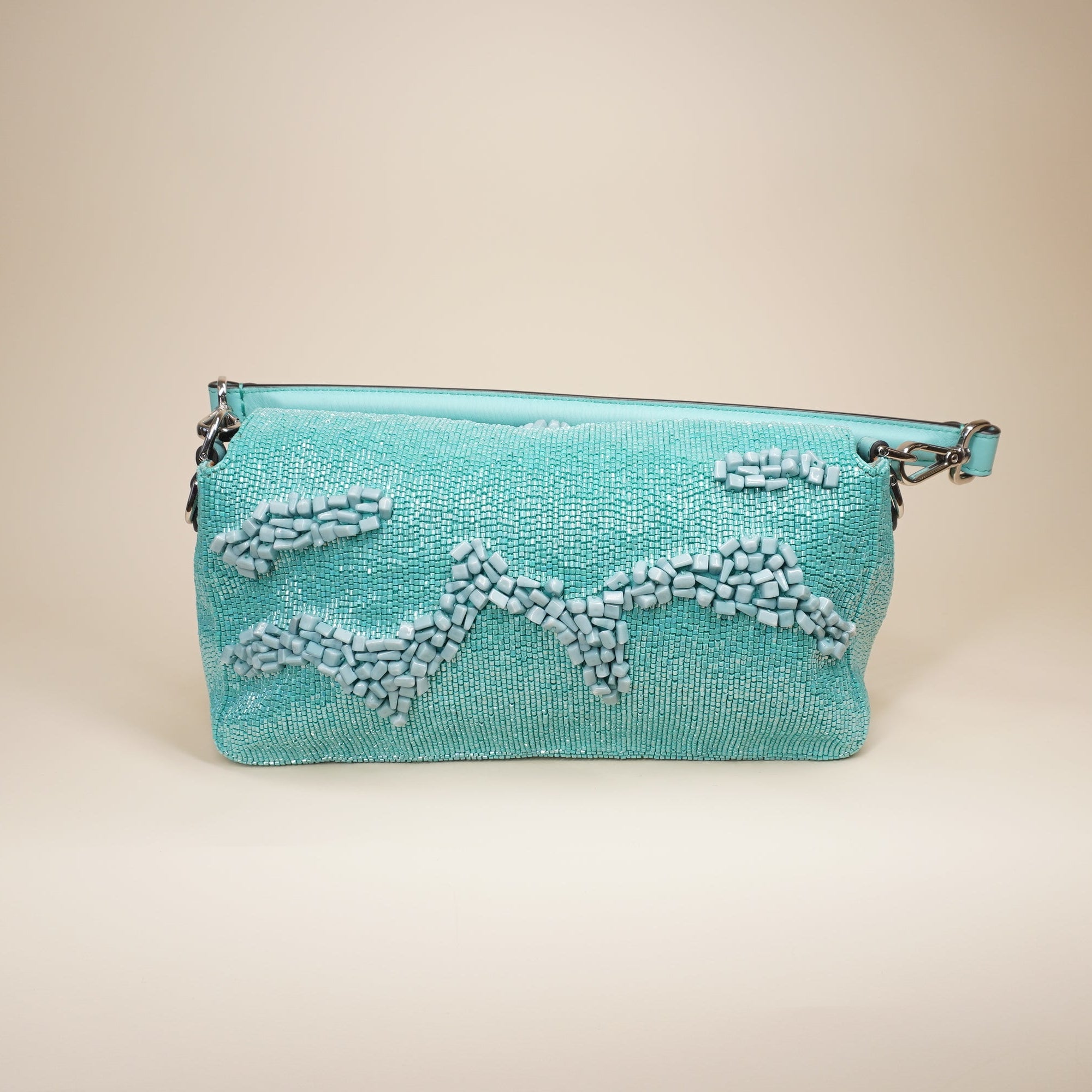 PRE-OWNED FF Turquoise Rolling Stone Vitello Seta Bead Embroidered Re-Edition Baguette