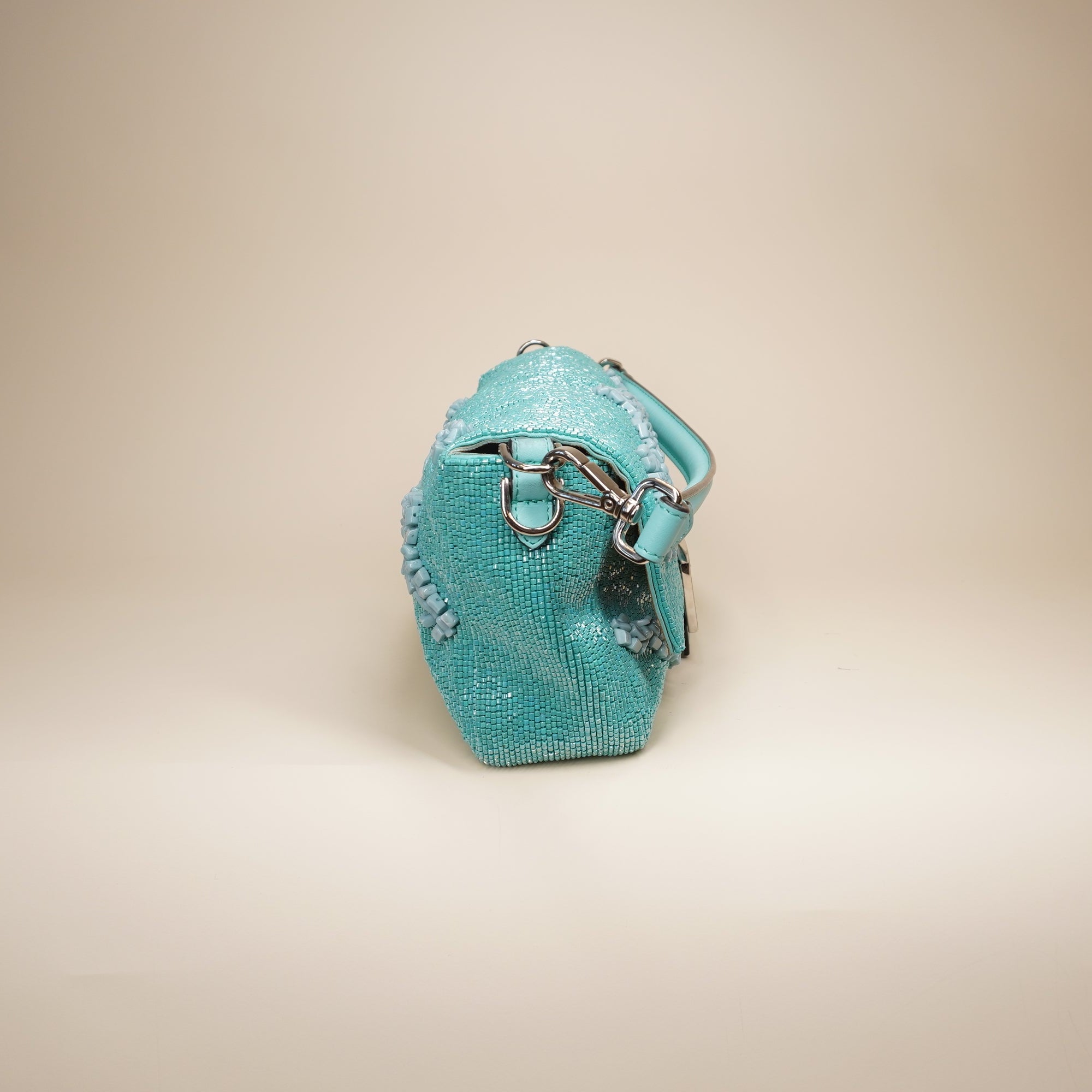 PRE-OWNED FF Turquoise Rolling Stone Vitello Seta Bead Embroidered Re-Edition Baguette