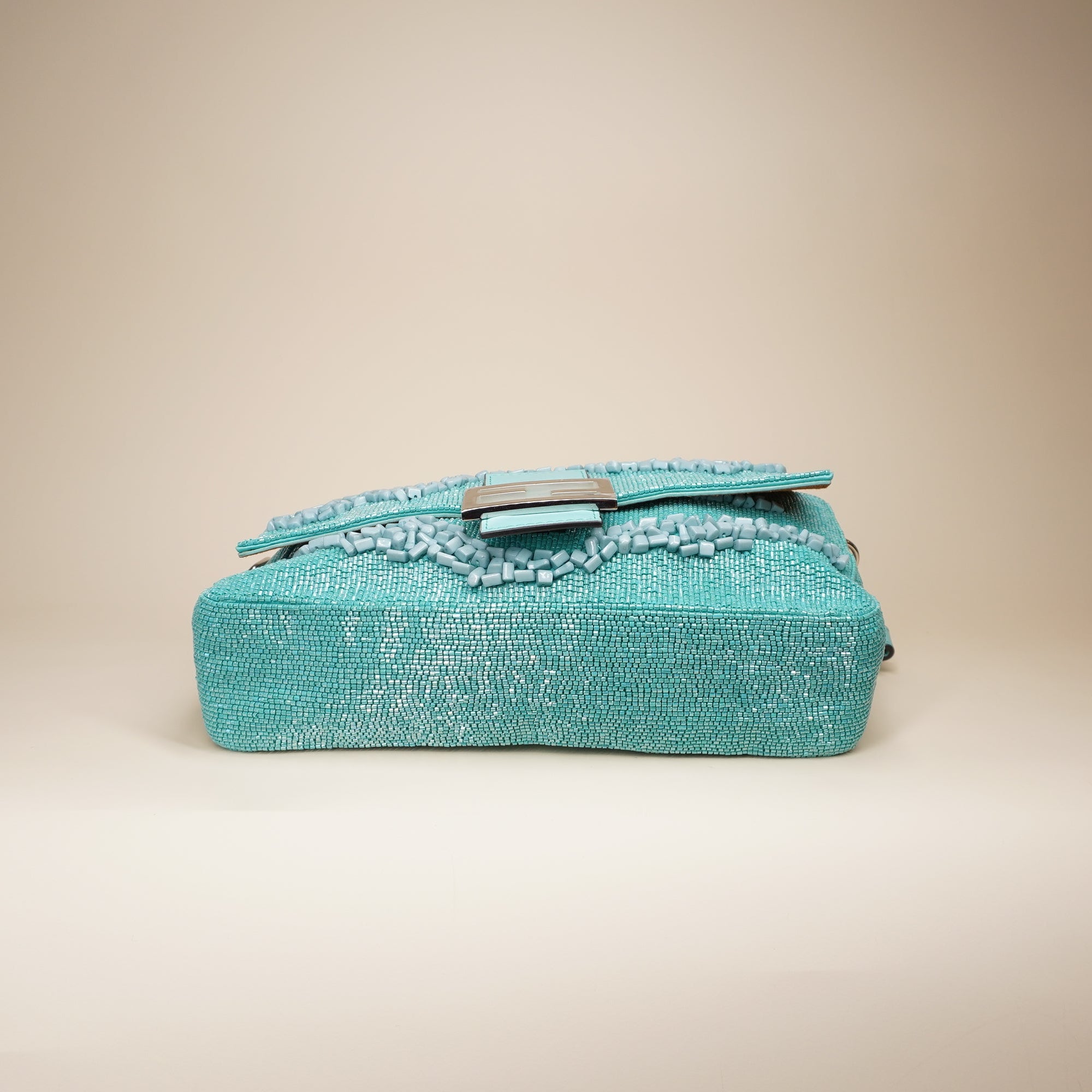PRE-OWNED FF Turquoise Rolling Stone Vitello Seta Bead Embroidered Re-Edition Baguette