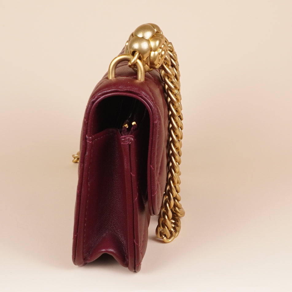 PRE-OWNED CC Camellia Crush Quilted Lambskin Burgundy Wallet On Chain