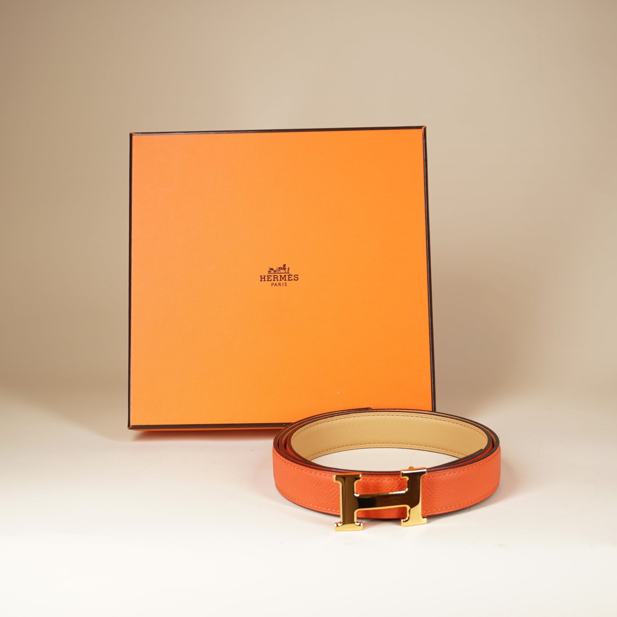 PRE-OWNED Epsom Swift Mini Constance Guilloche H Belt 85 Beige Orange Reversible