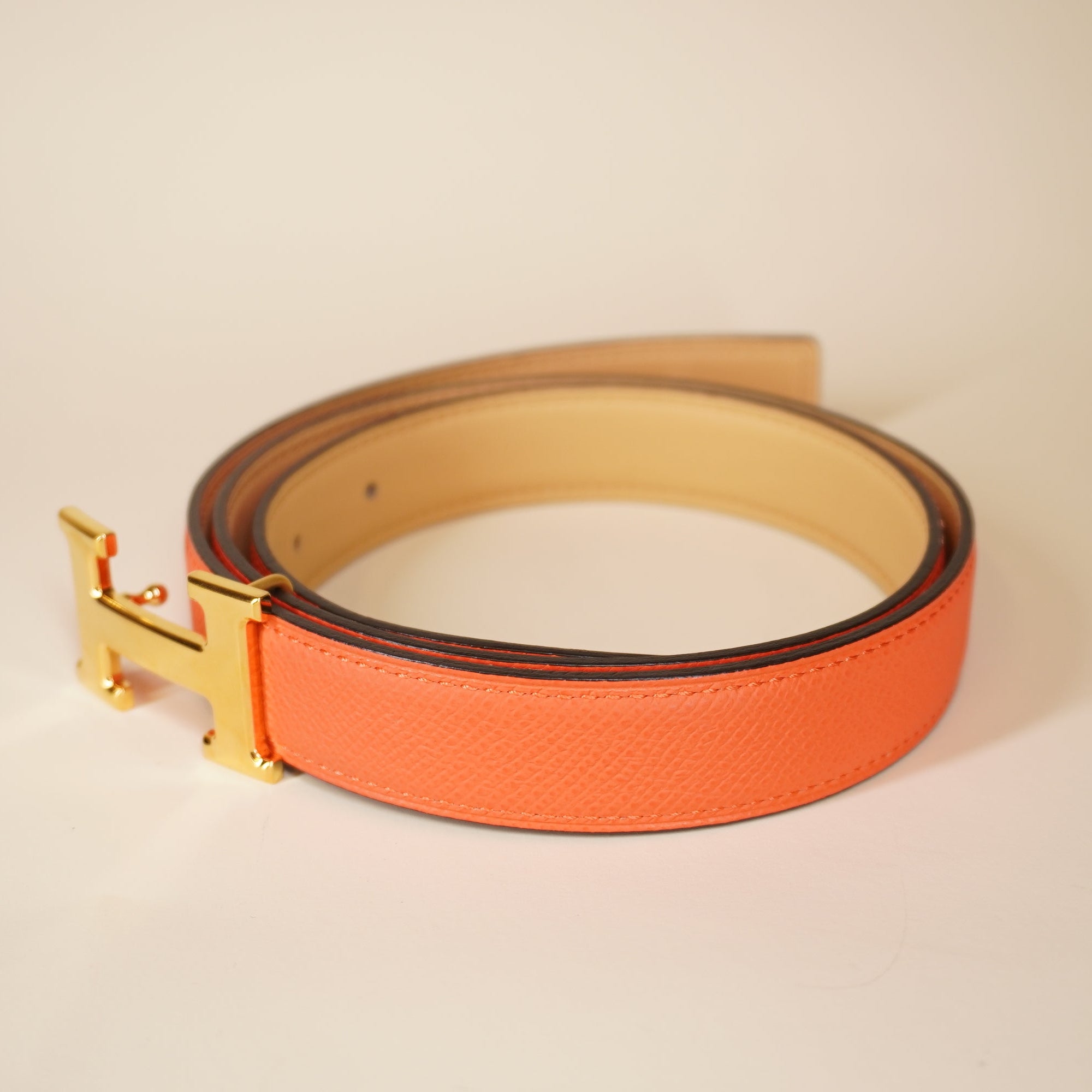 PRE-OWNED Epsom Swift Mini Constance Guilloche H Belt 85 Beige Orange Reversible