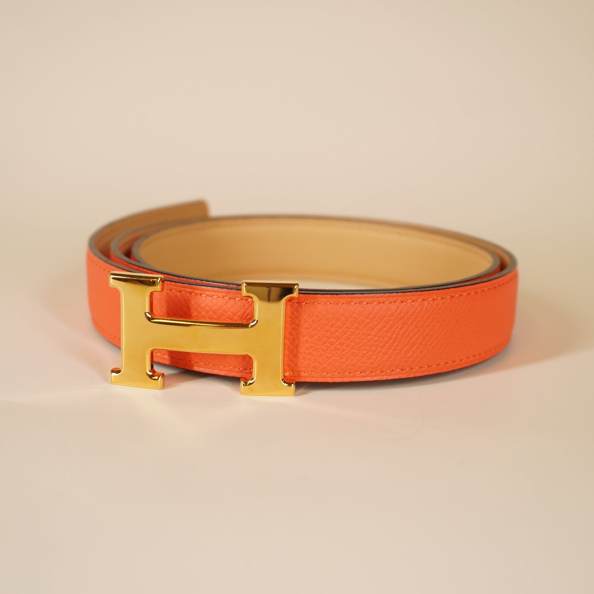 PRE-OWNED Epsom Swift Mini Constance Guilloche H Belt 85 Beige Orange Reversible