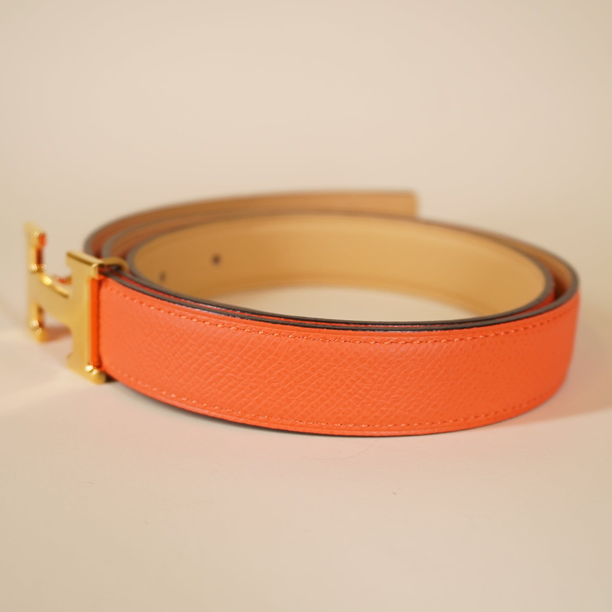 PRE-OWNED Epsom Swift Mini Constance Guilloche H Belt 85 Beige Orange Reversible