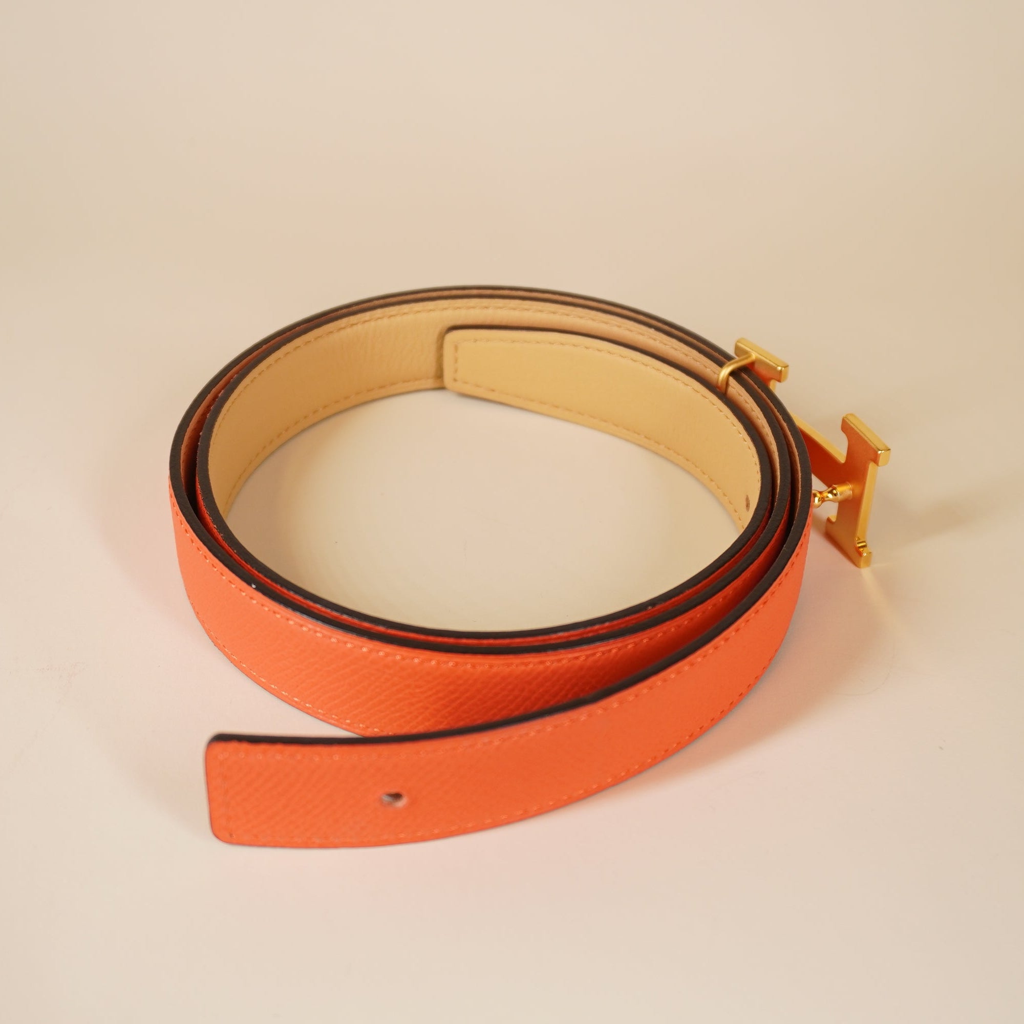 PRE-OWNED Epsom Swift Mini Constance Guilloche H Belt 85 Beige Orange Reversible