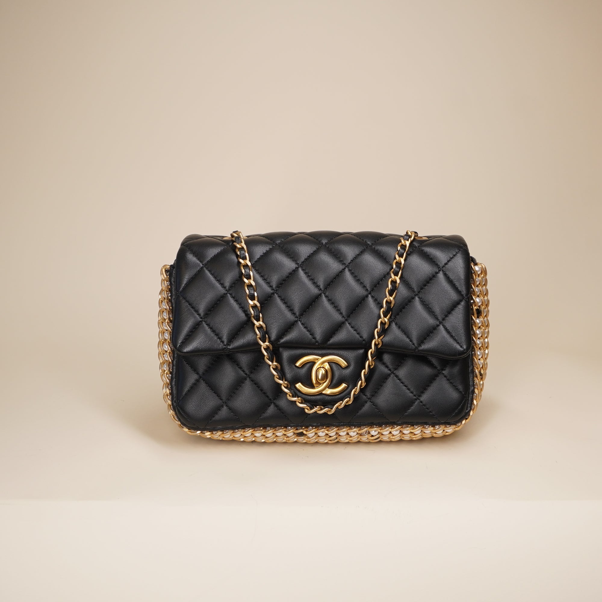 CC Mini Flap Black Lambskin Side Pearl Shoulder Bag