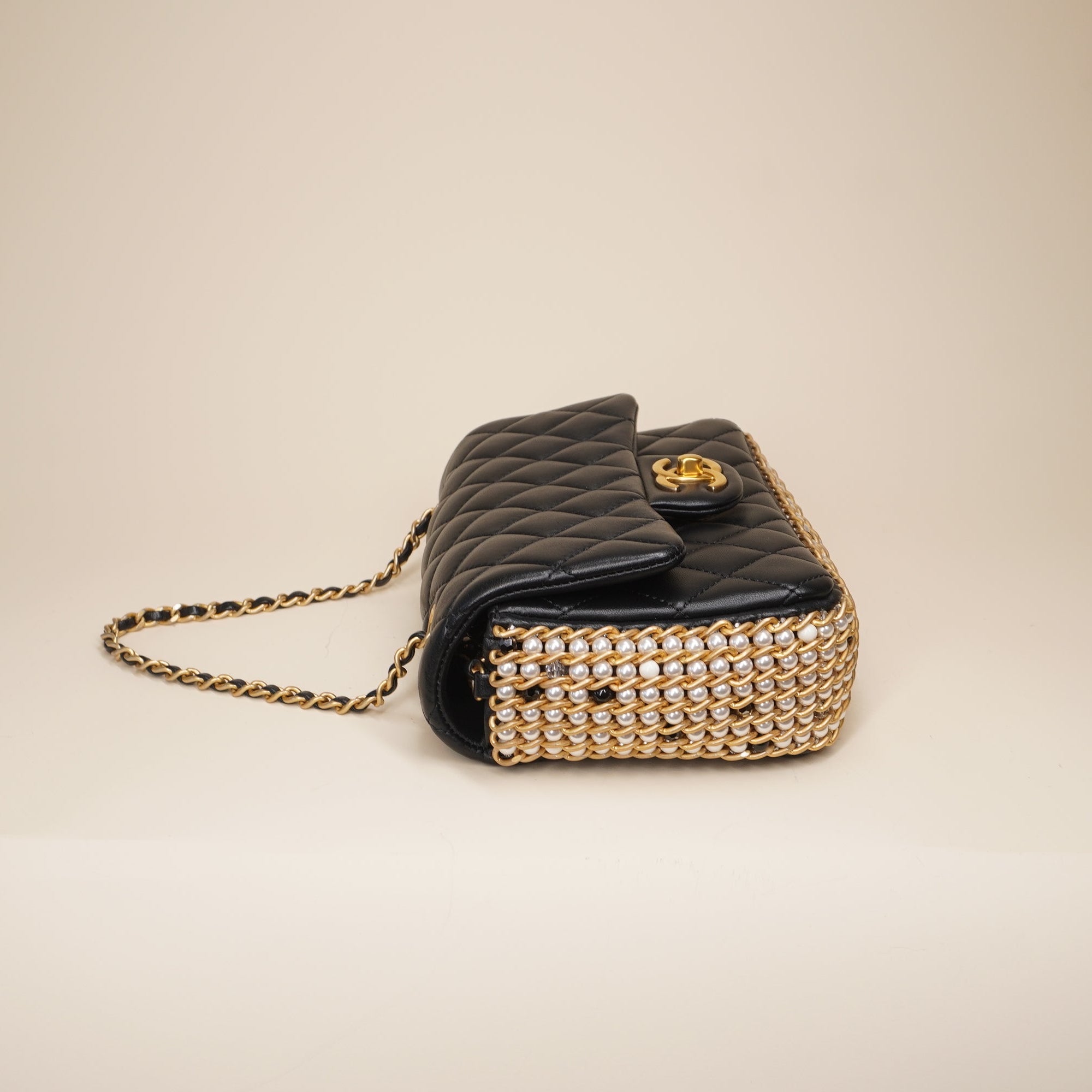 CC Mini Flap Black Lambskin Side Pearl Shoulder Bag