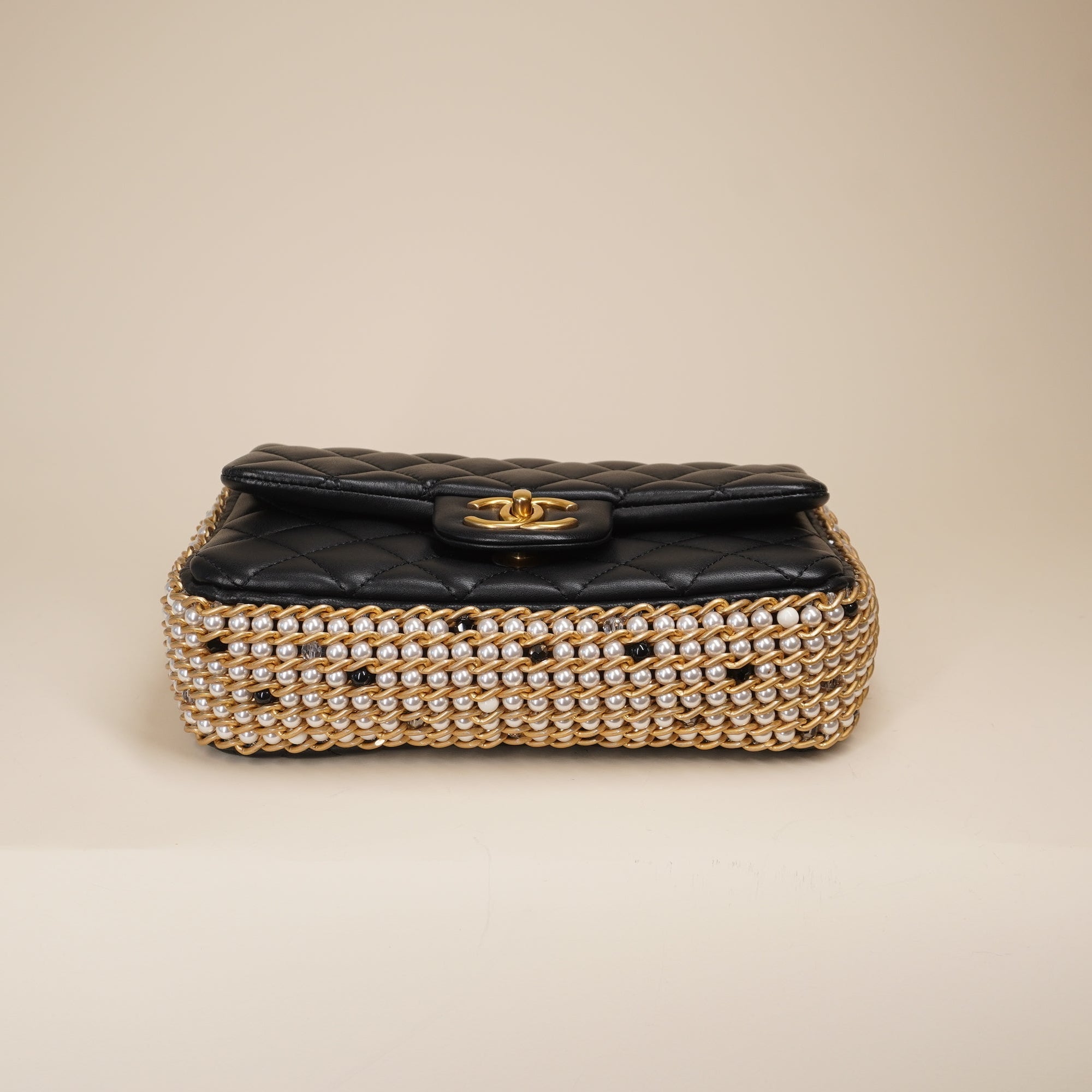 CC Mini Flap Black Lambskin Side Pearl Shoulder Bag