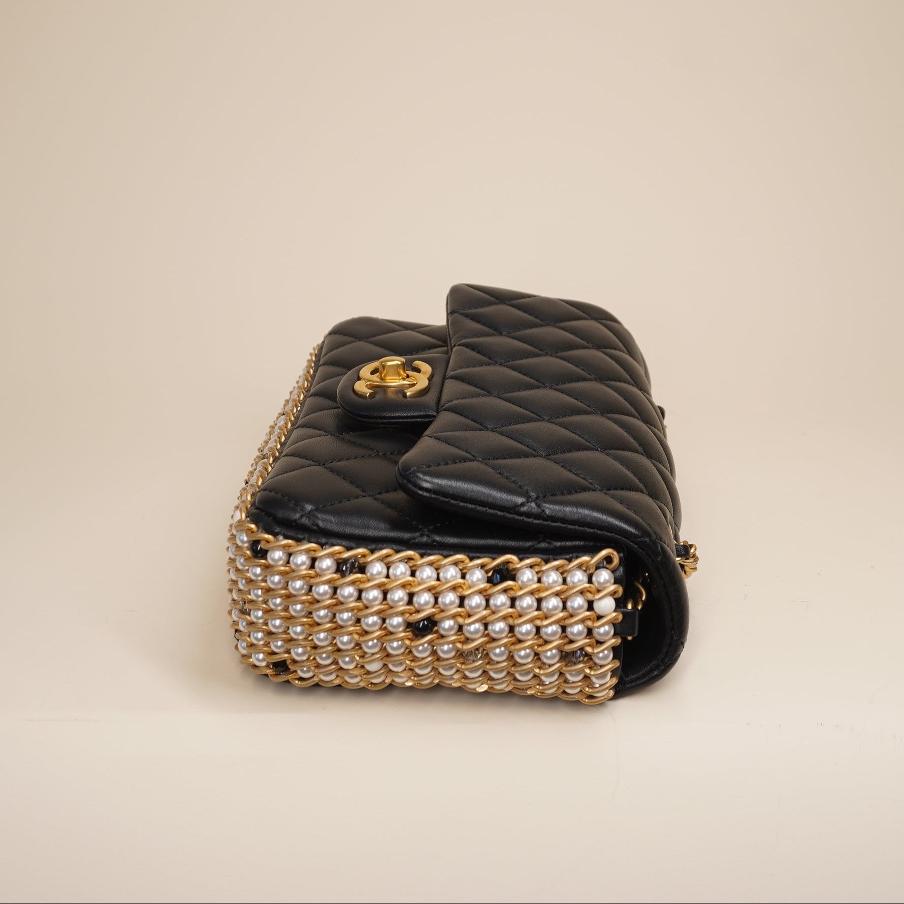 CC Mini Flap Black Lambskin Side Pearl Shoulder Bag