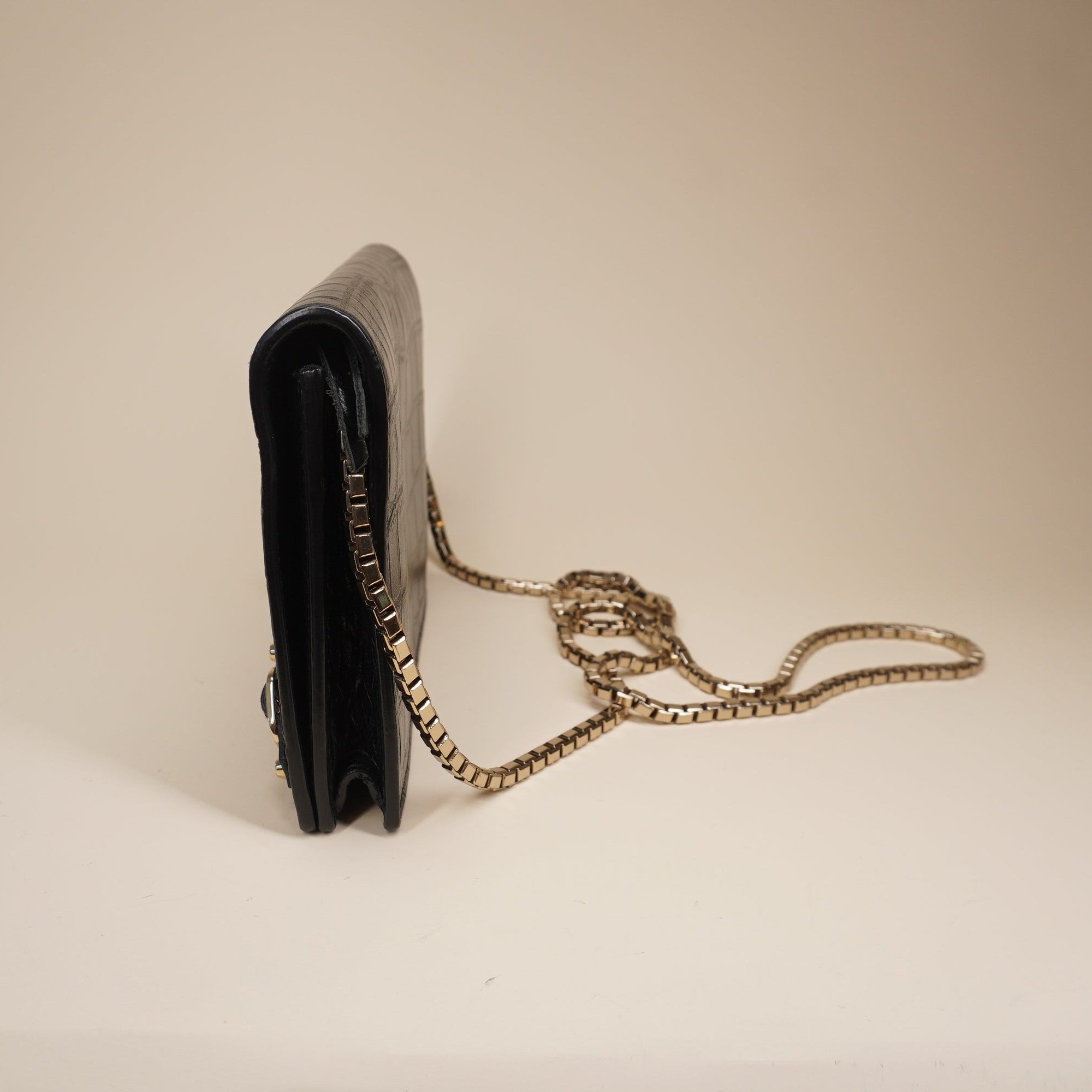 PRE-OWNED Black Croc Embossed Leather Classic Wallet On Chain