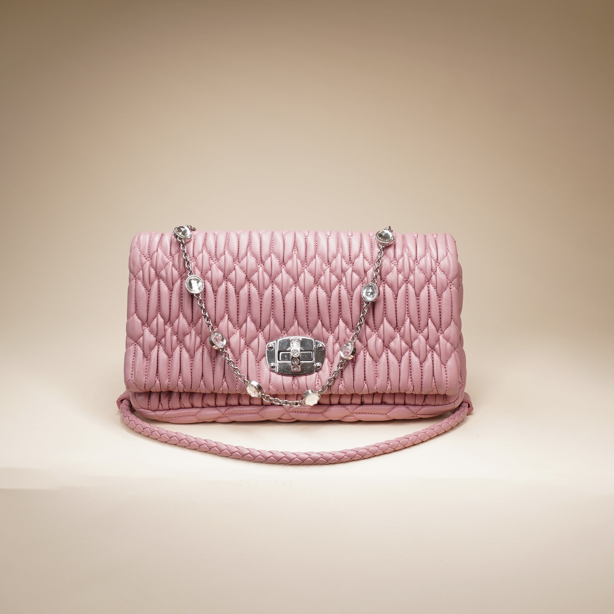 PRE-OWNED Crystal Embellished Leather Pink Shoulder Bag