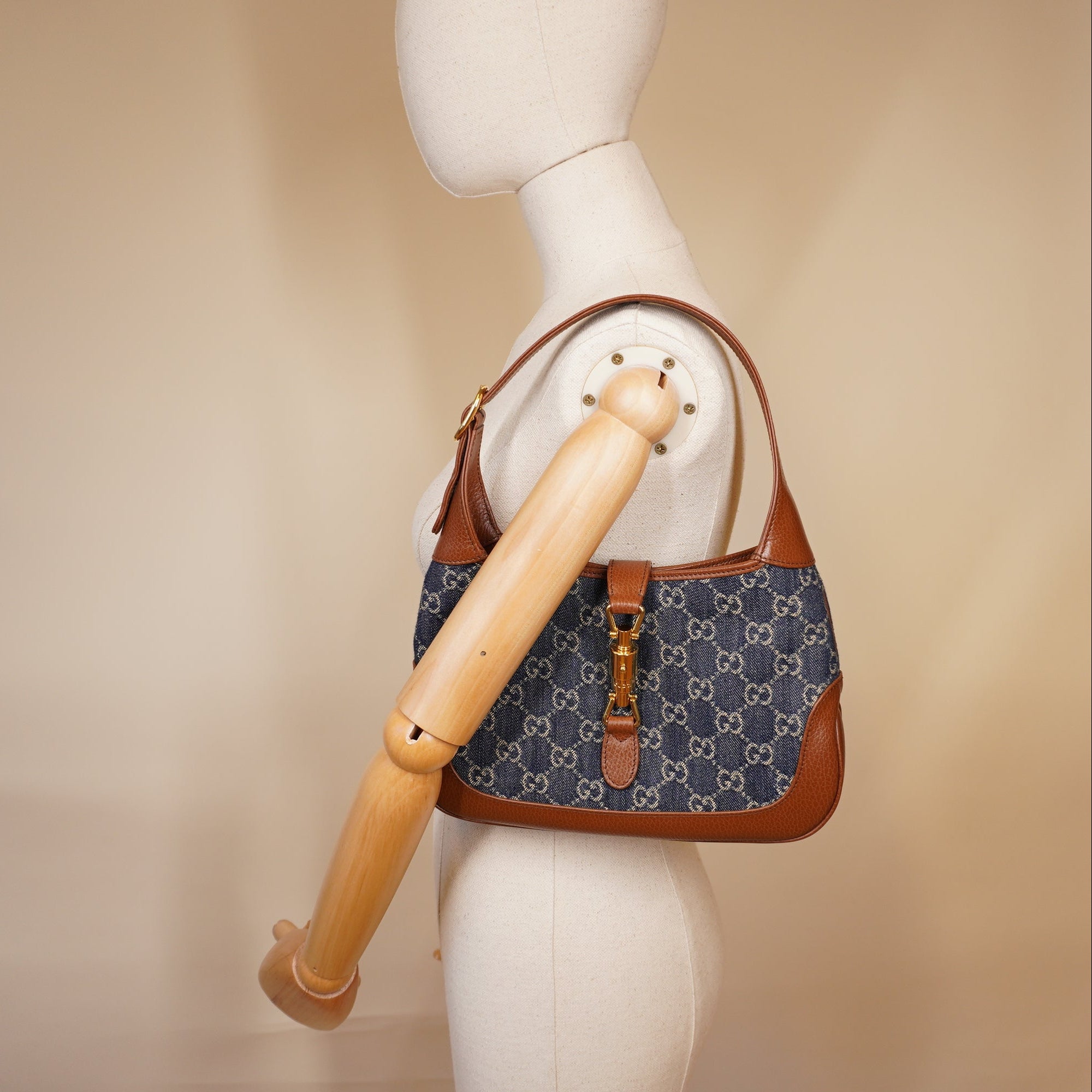 PRE-OWNED Monogram Calfskin Small Jackie Hobo 1961 Denim Shoulder Bag