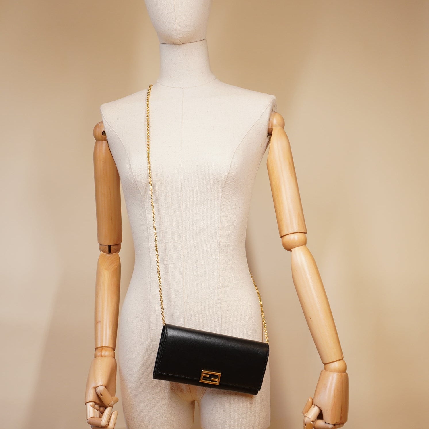 PRE-OWNED FF Vitello Palmellato Continental Wallet on Chain Black