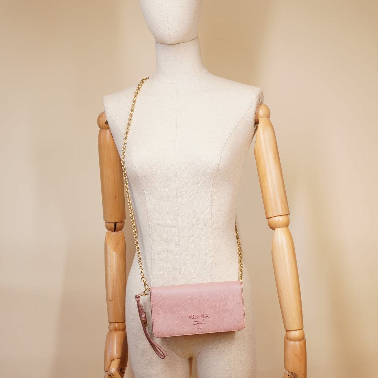 PRE-OWNED Light Pink Cahier Saffiano Leather Wallet on a Chain