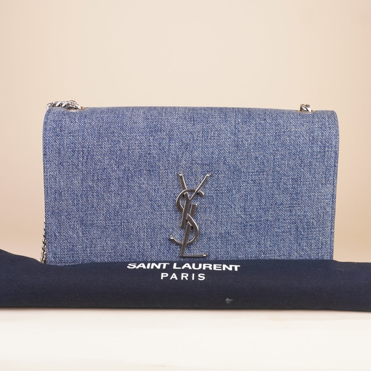 SAINT LAURENT - Denim Medium Classic Monogram Kate Satchel Light Blue
