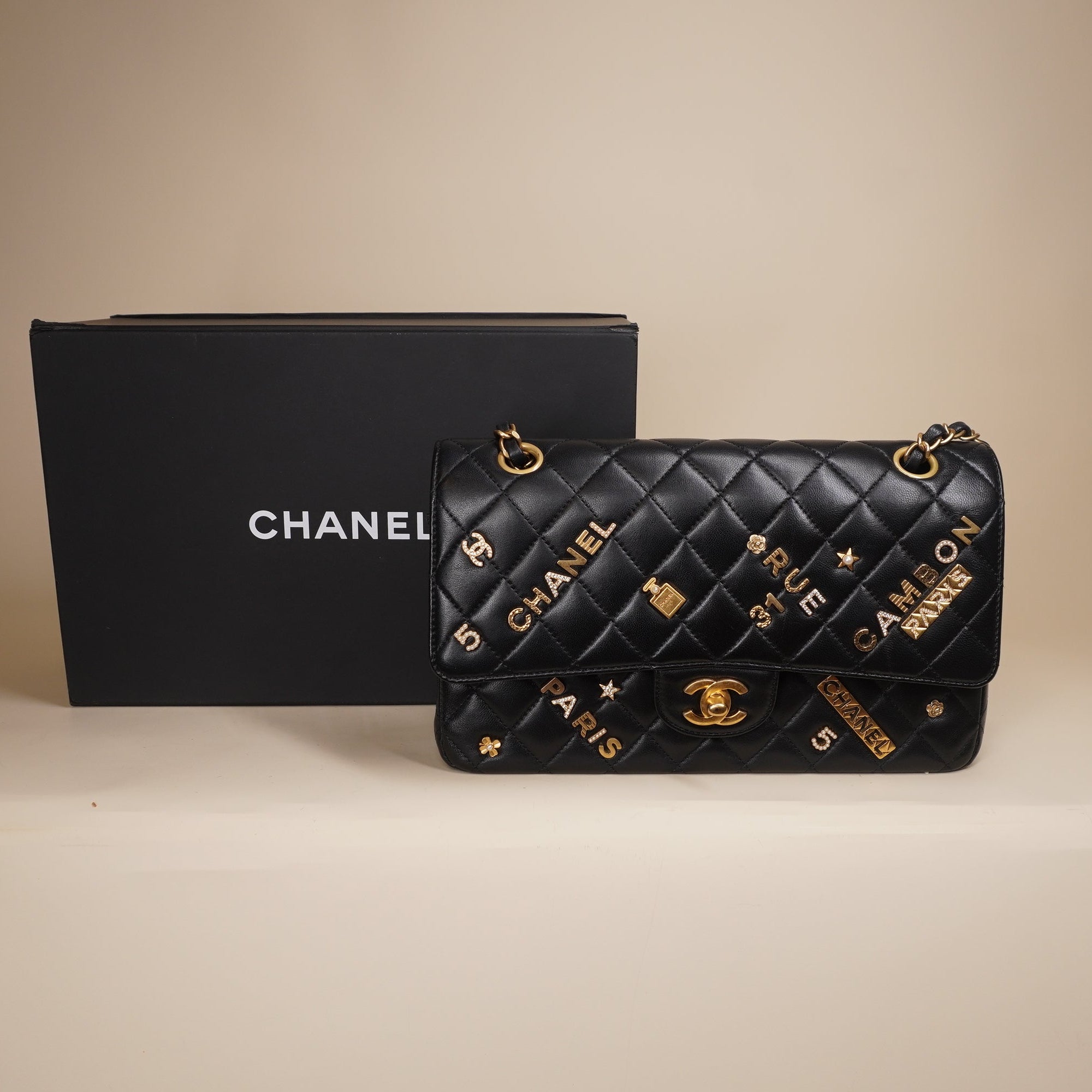 Lambskin Quilted Medium Rue Cambon Charms Double Flap Black