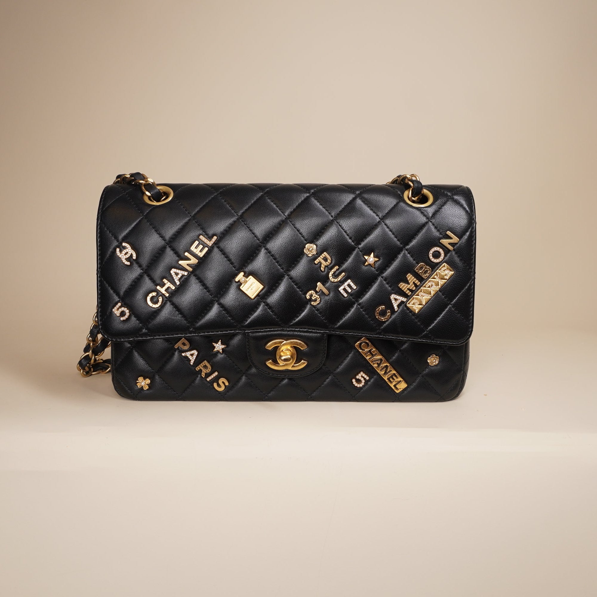 Lambskin Quilted Medium Rue Cambon Charms Double Flap Black