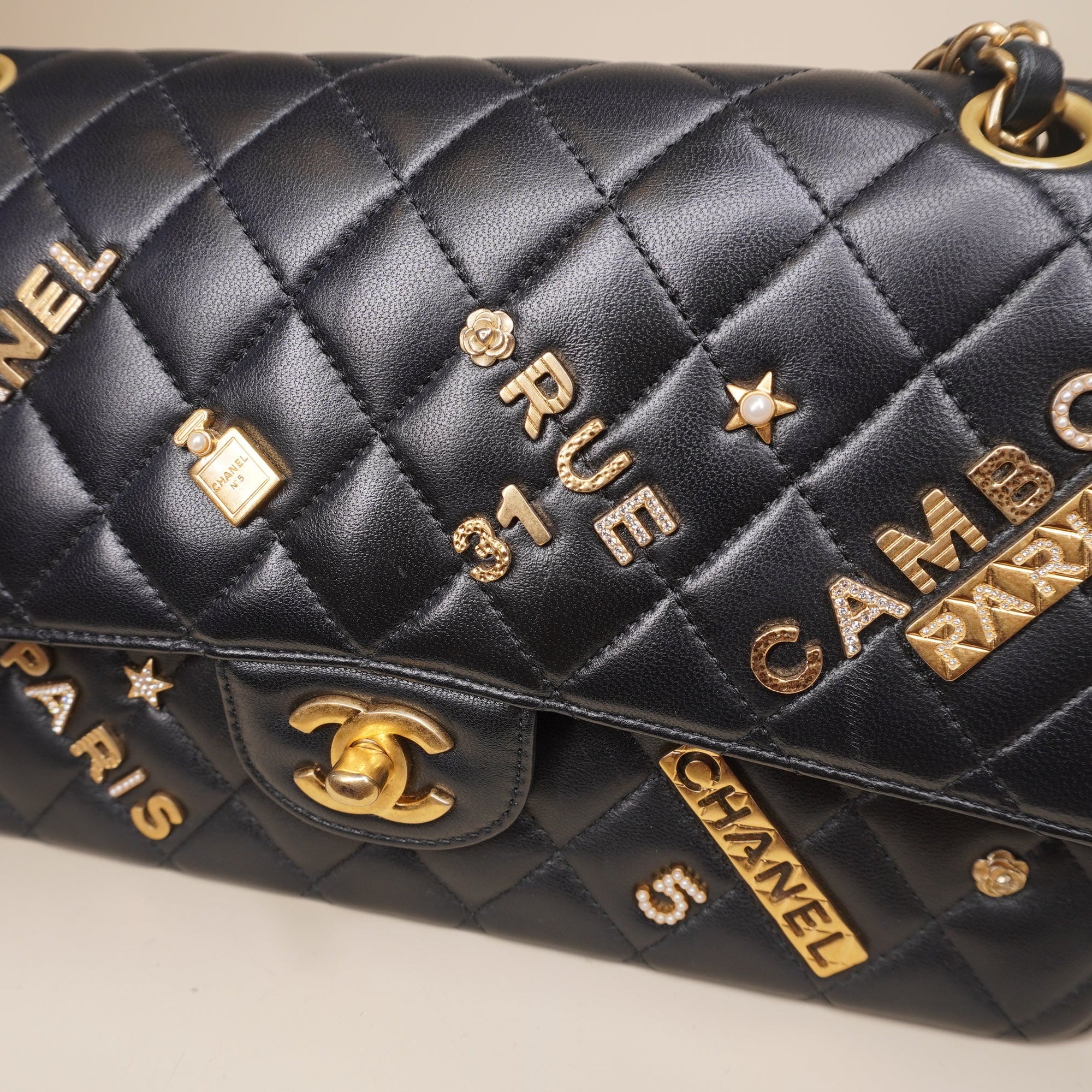Lambskin Quilted Medium Rue Cambon Charms Double Flap Black