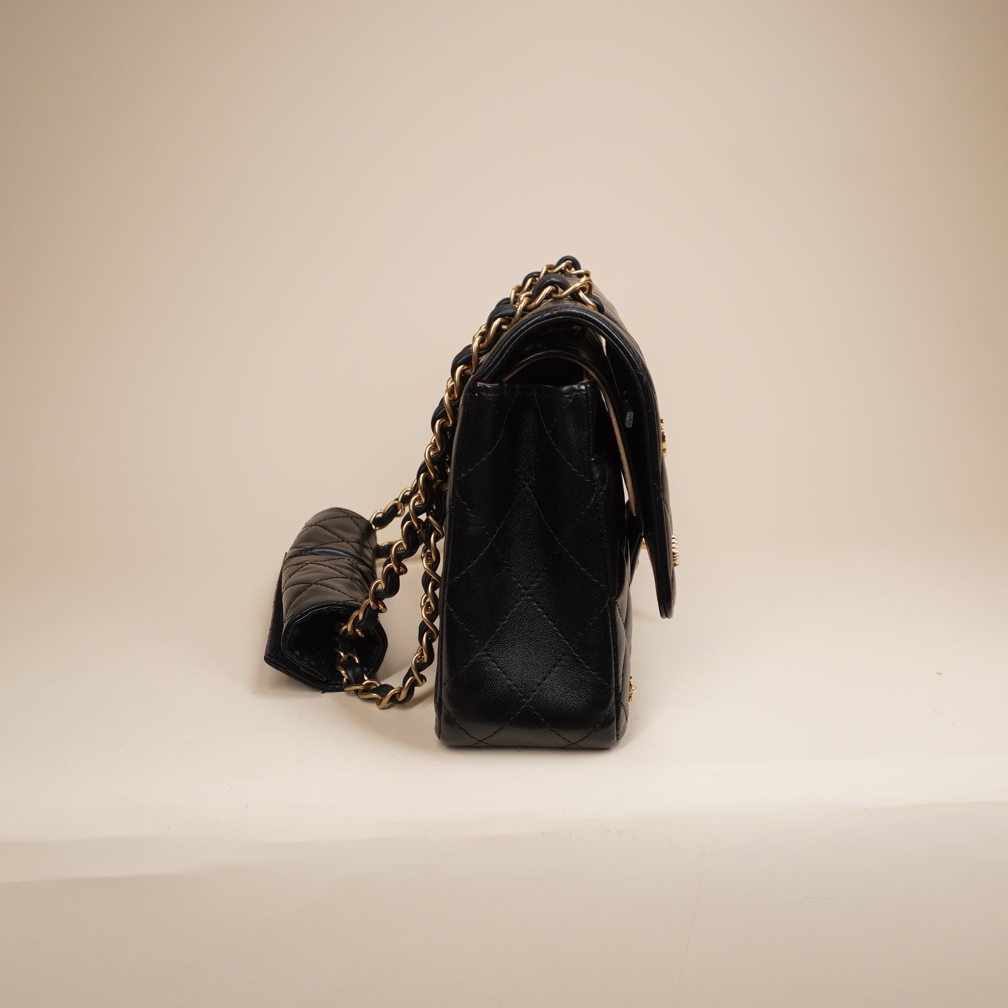 Lambskin Quilted Medium Rue Cambon Charms Double Flap Black