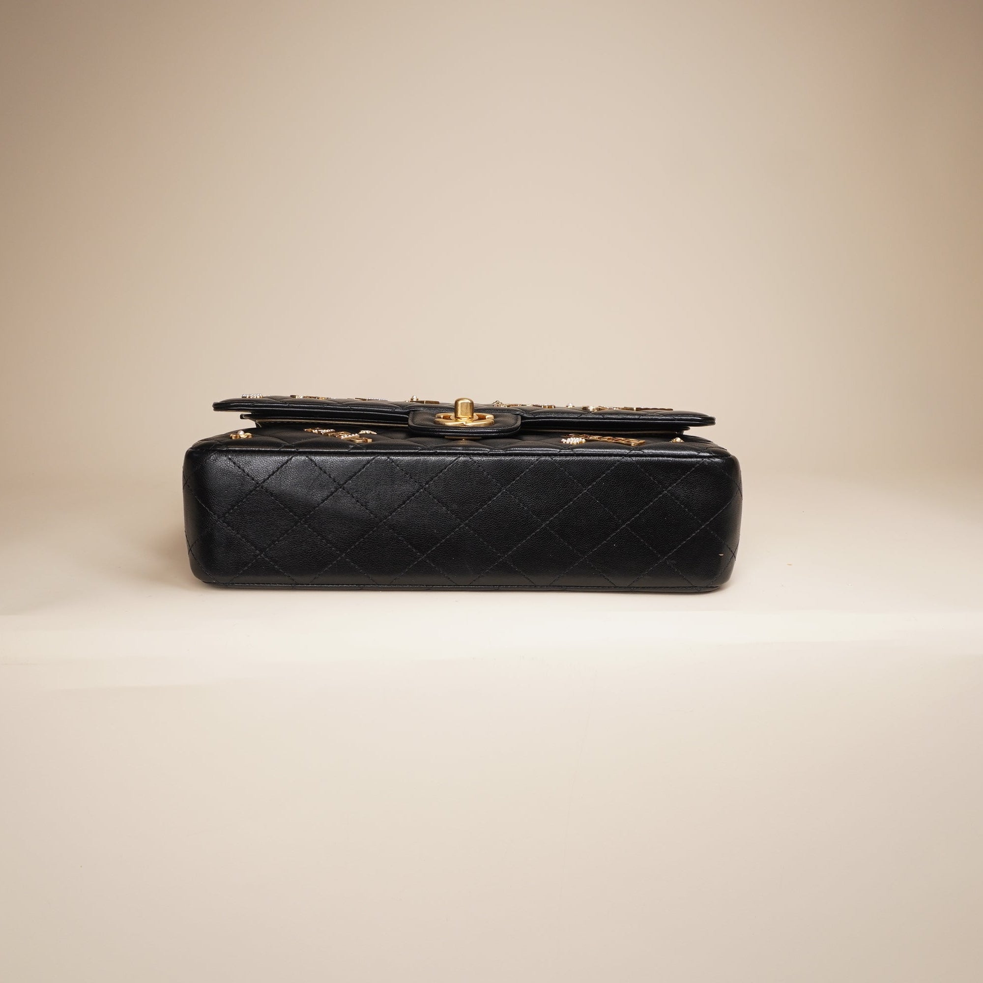 Lambskin Quilted Medium Rue Cambon Charms Double Flap Black