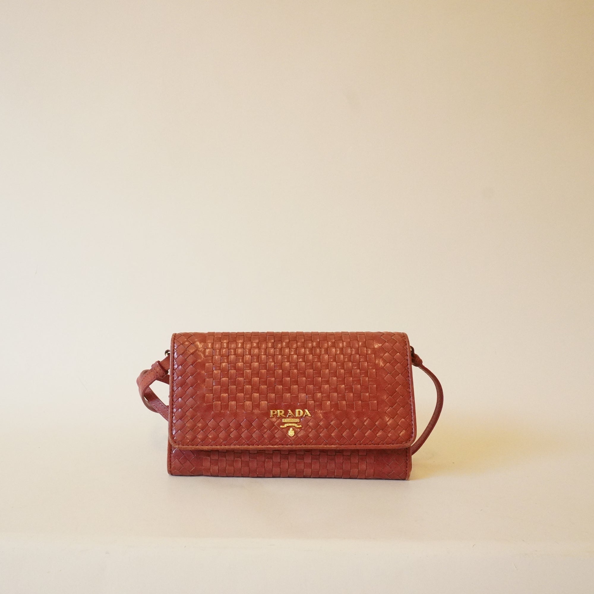 PRE-OWNED Red Lambskin Woven Madras Wallet on Chain