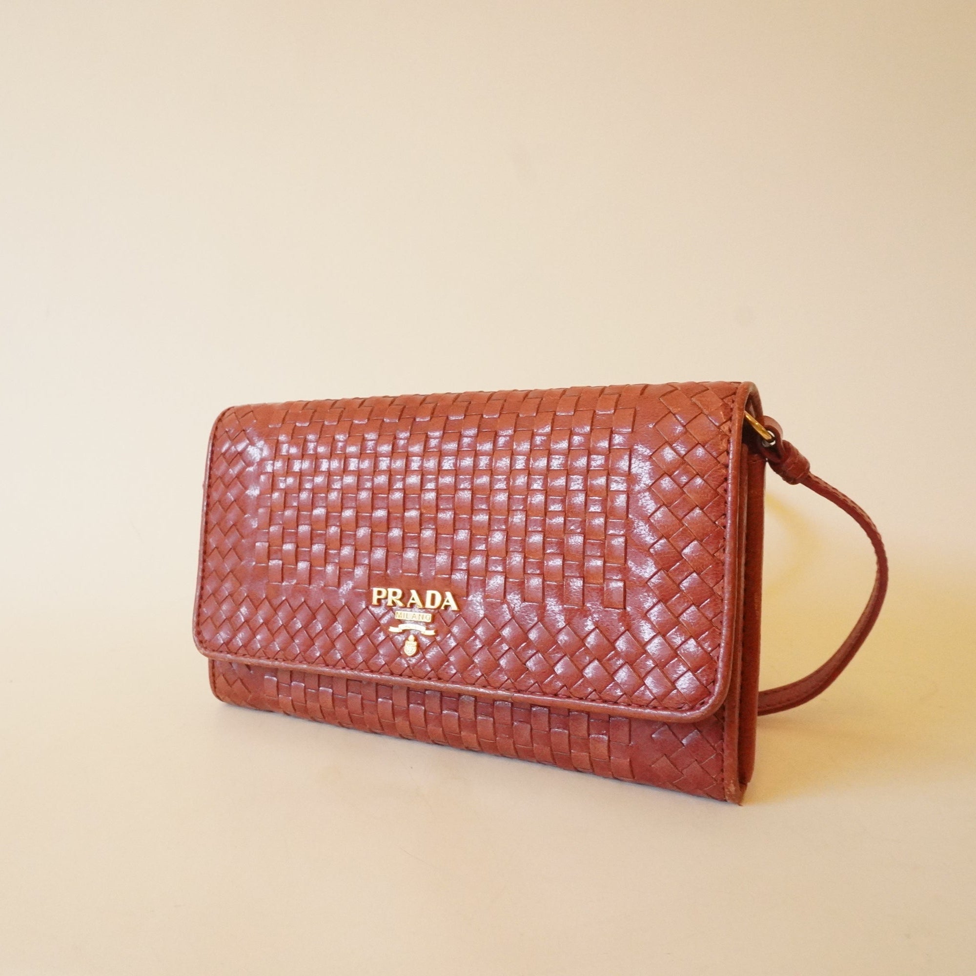 PRE-OWNED Red Lambskin Woven Madras Wallet on Chain