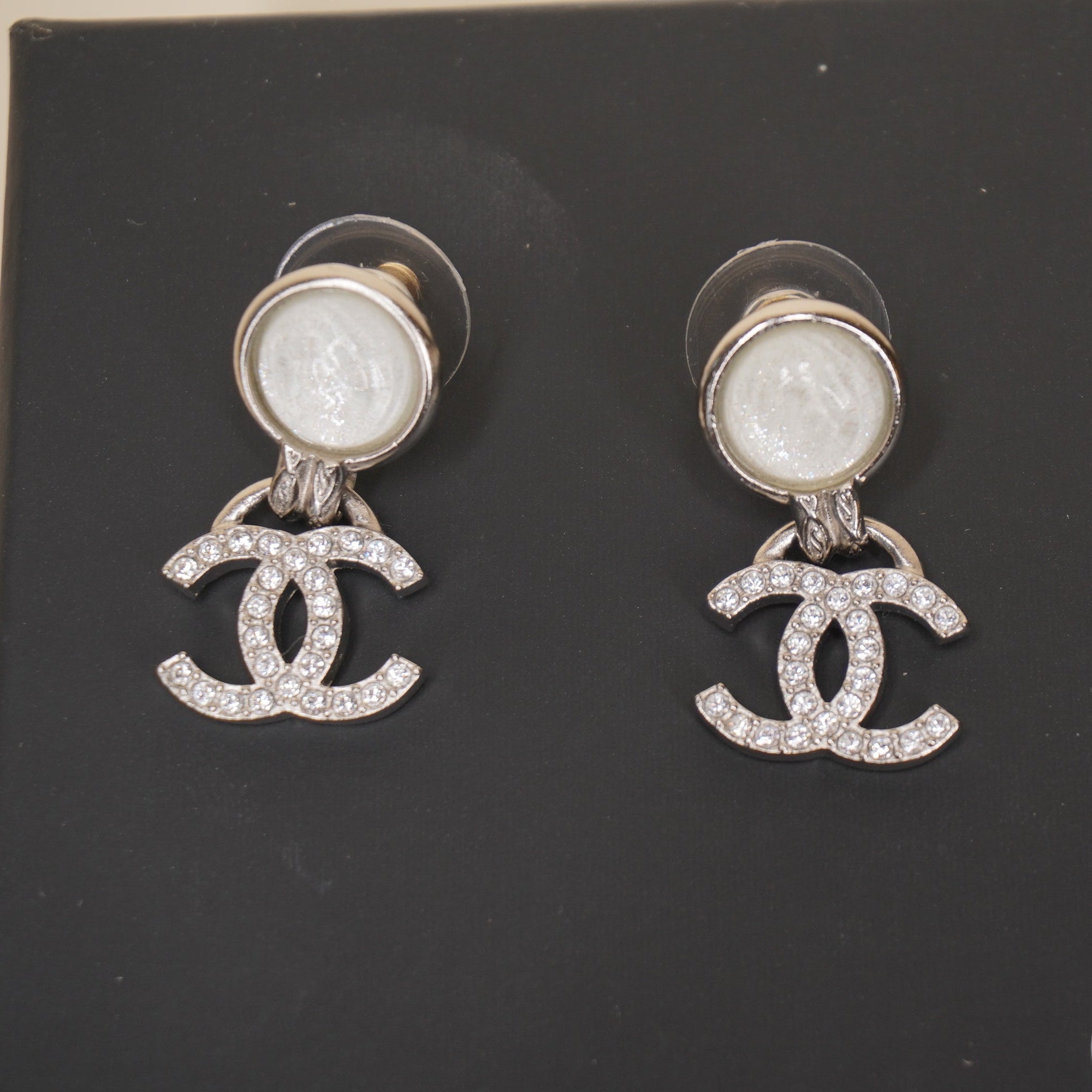 PRE-OWNED CC Cocomark Drop Earrings Silver Clear