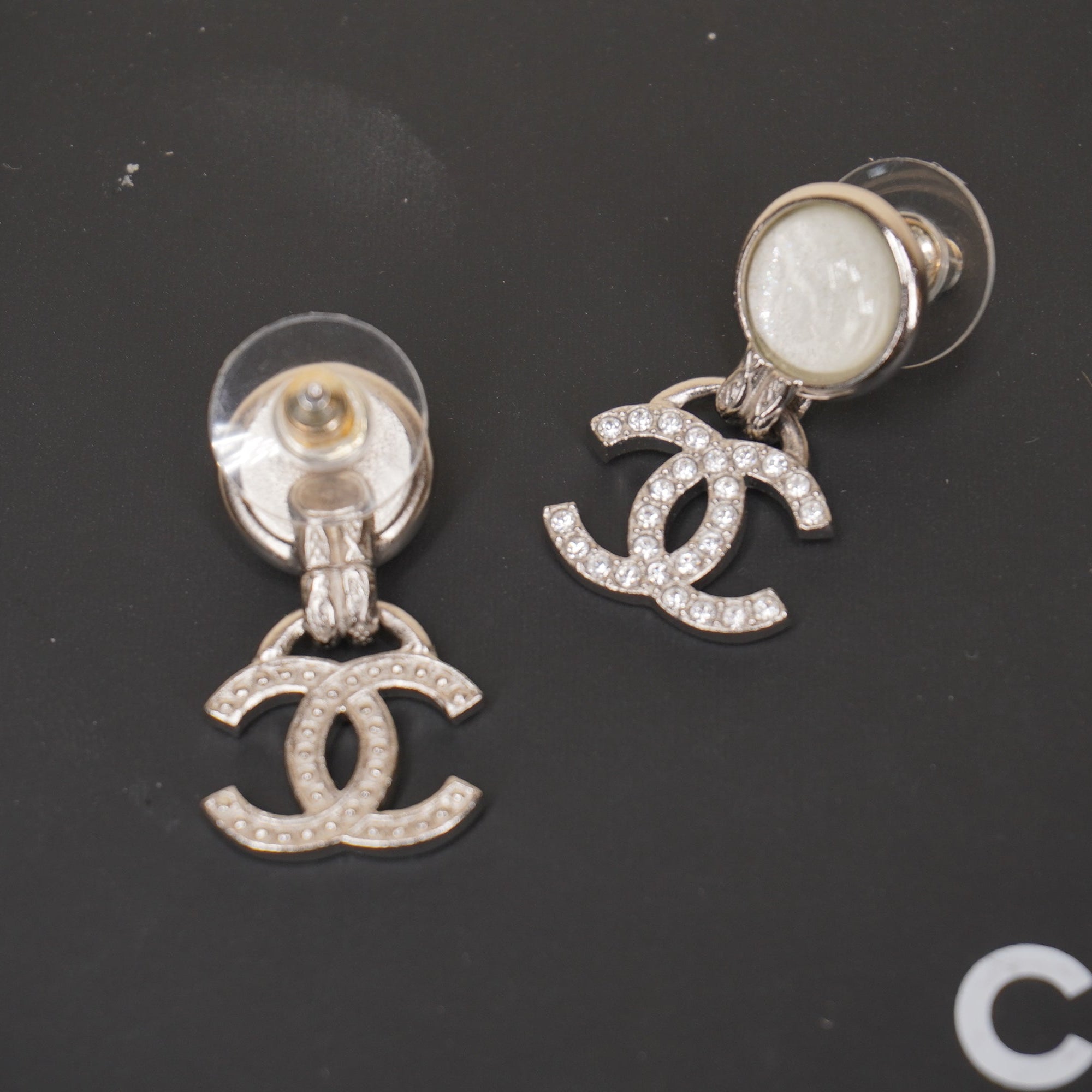 PRE-OWNED CC Cocomark Drop Earrings Silver Clear