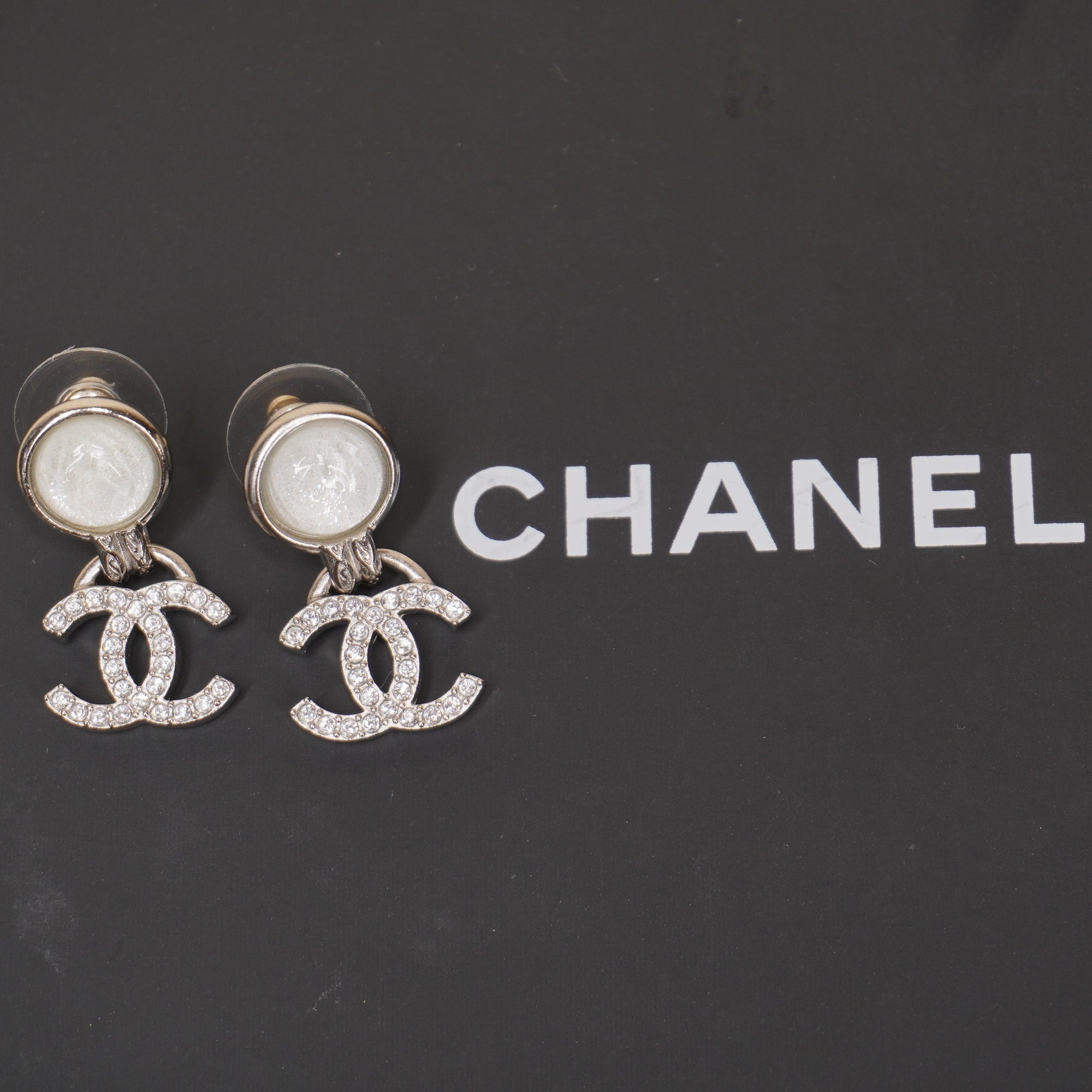 PRE-OWNED CC Cocomark Drop Earrings Silver Clear