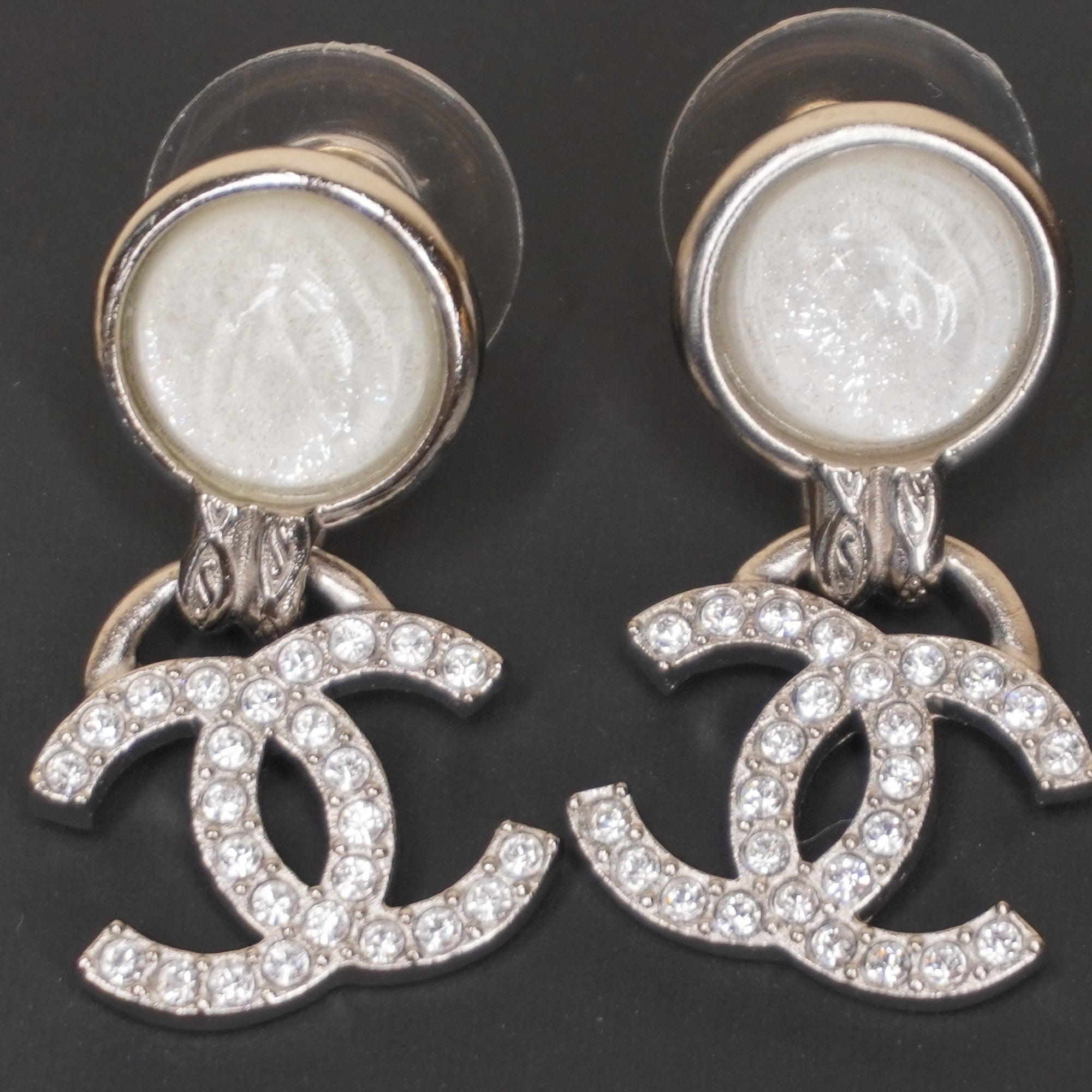 PRE-OWNED CC Cocomark Drop Earrings Silver Clear
