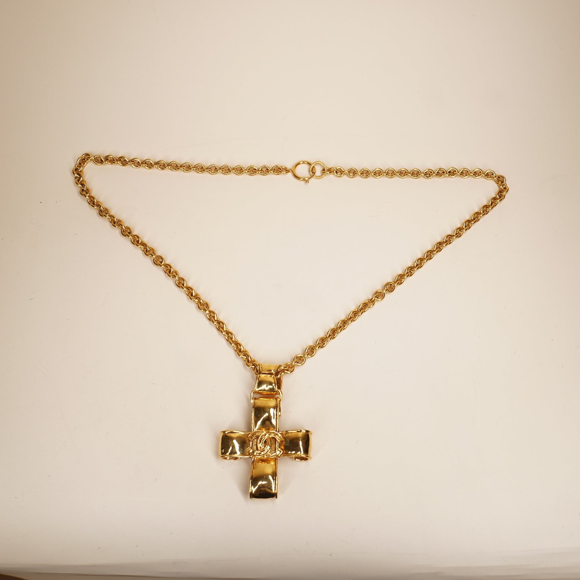 PRE-OWNED Vintage CC Ribbon Cross Pendant Necklace