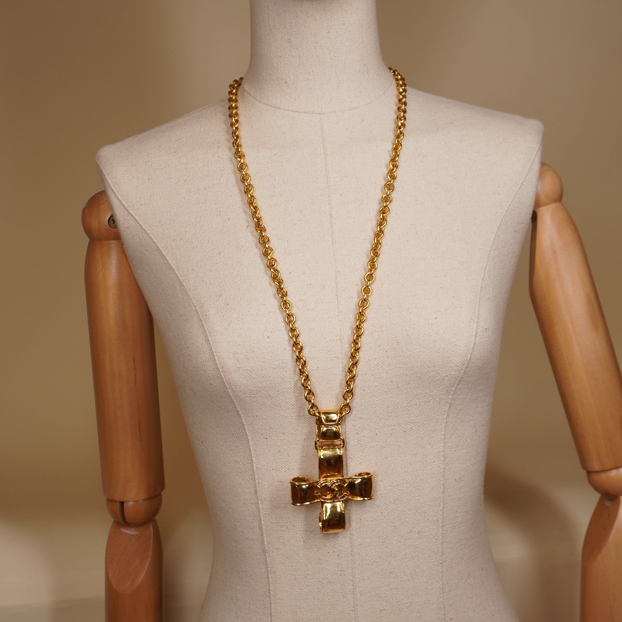 PRE-OWNED Vintage CC Ribbon Cross Pendant Necklace