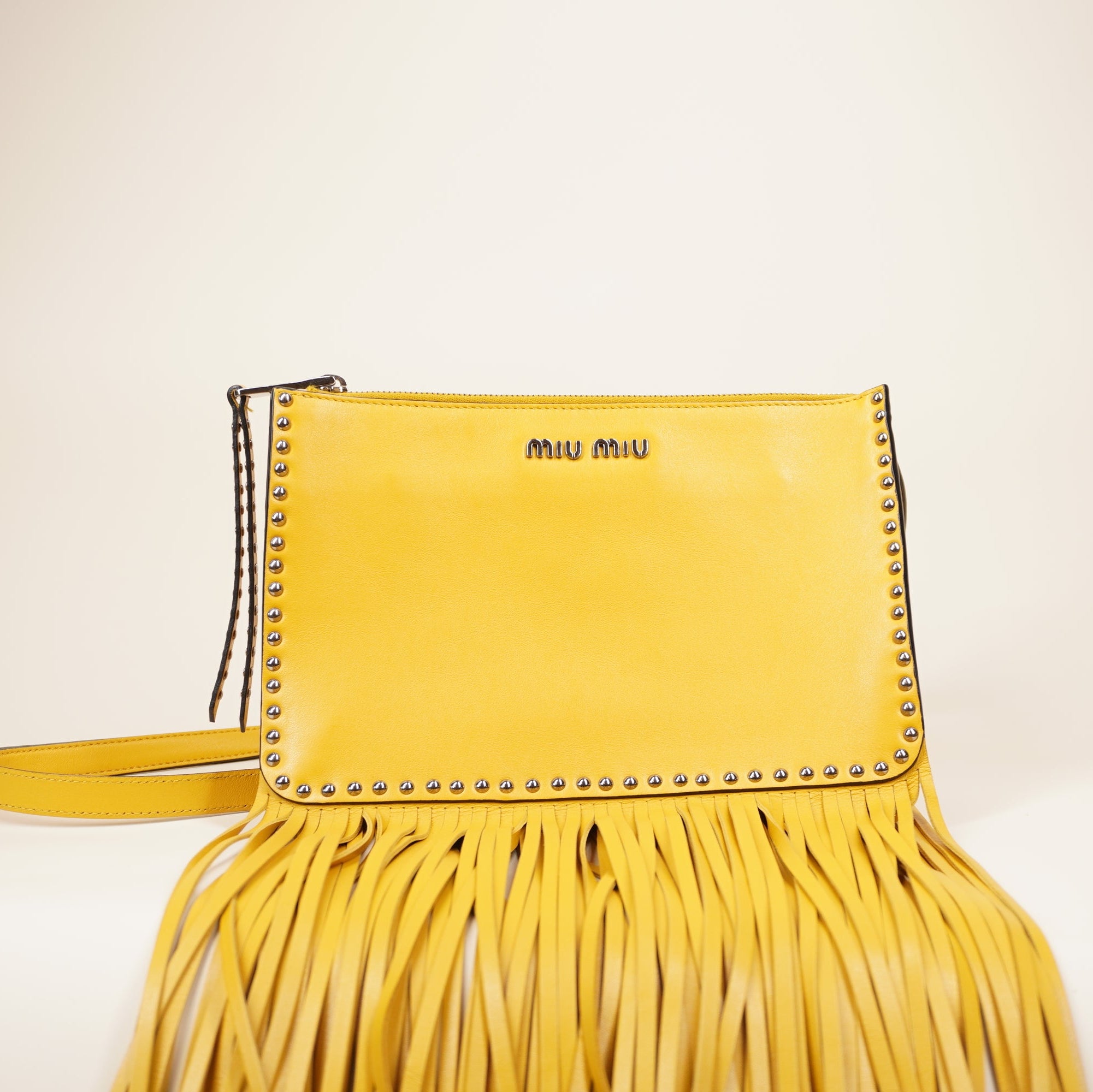 PRE-OWNED Small Yellow Fringe Studded Leather Crossbody Bag