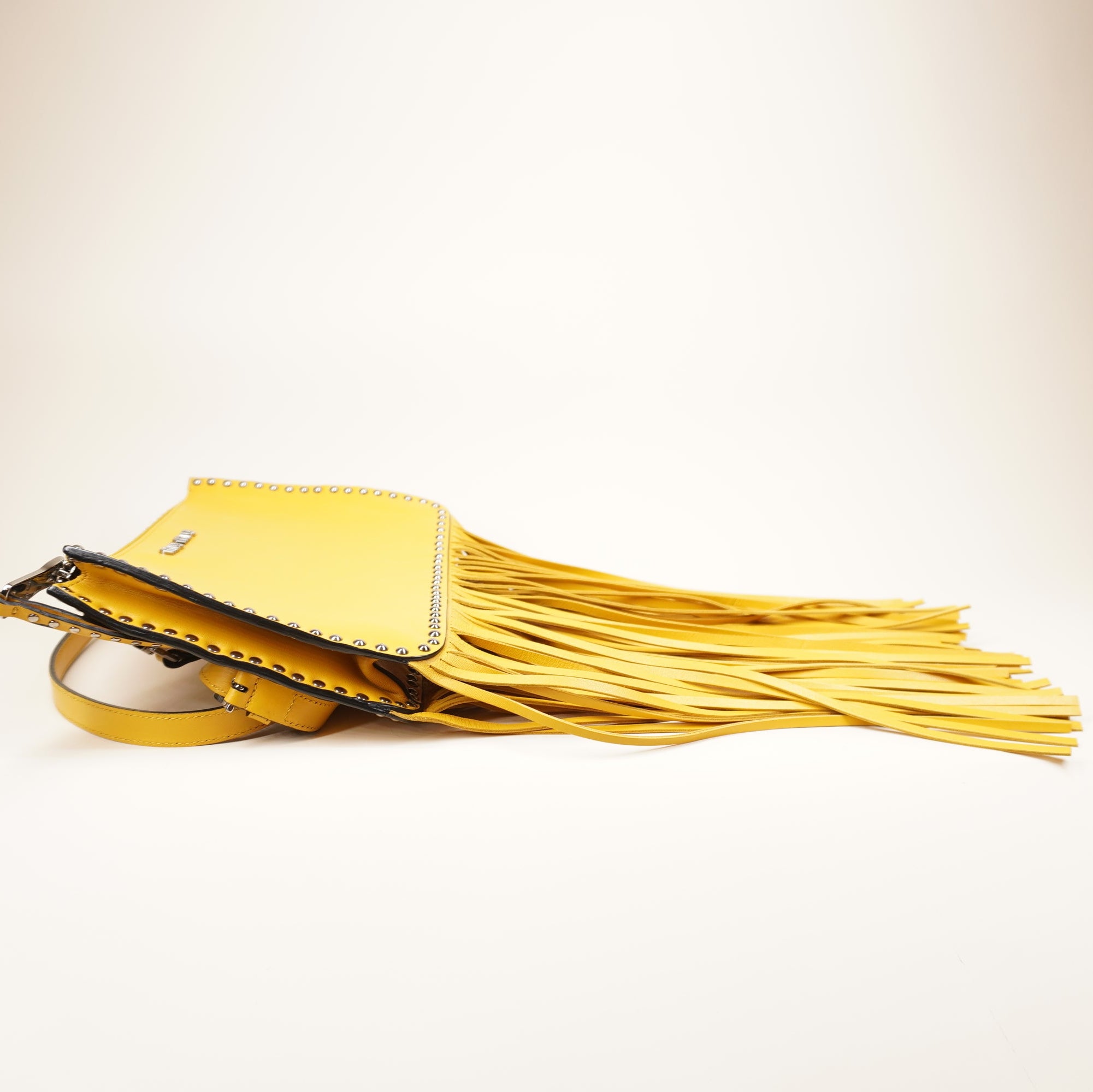 PRE-OWNED Small Yellow Fringe Studded Leather Crossbody Bag