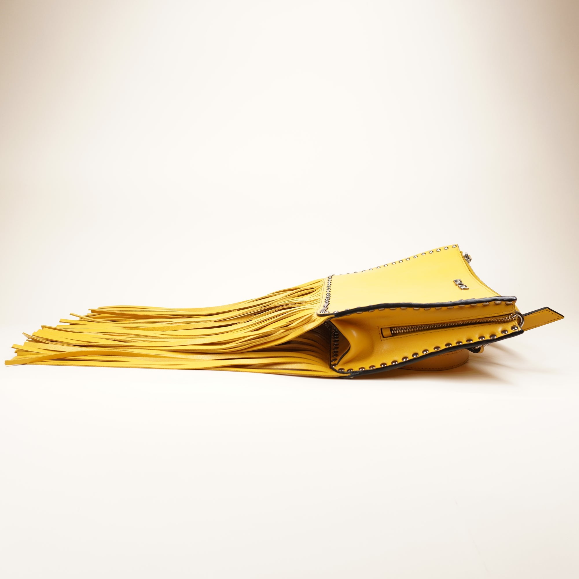 PRE-OWNED Small Yellow Fringe Studded Leather Crossbody Bag