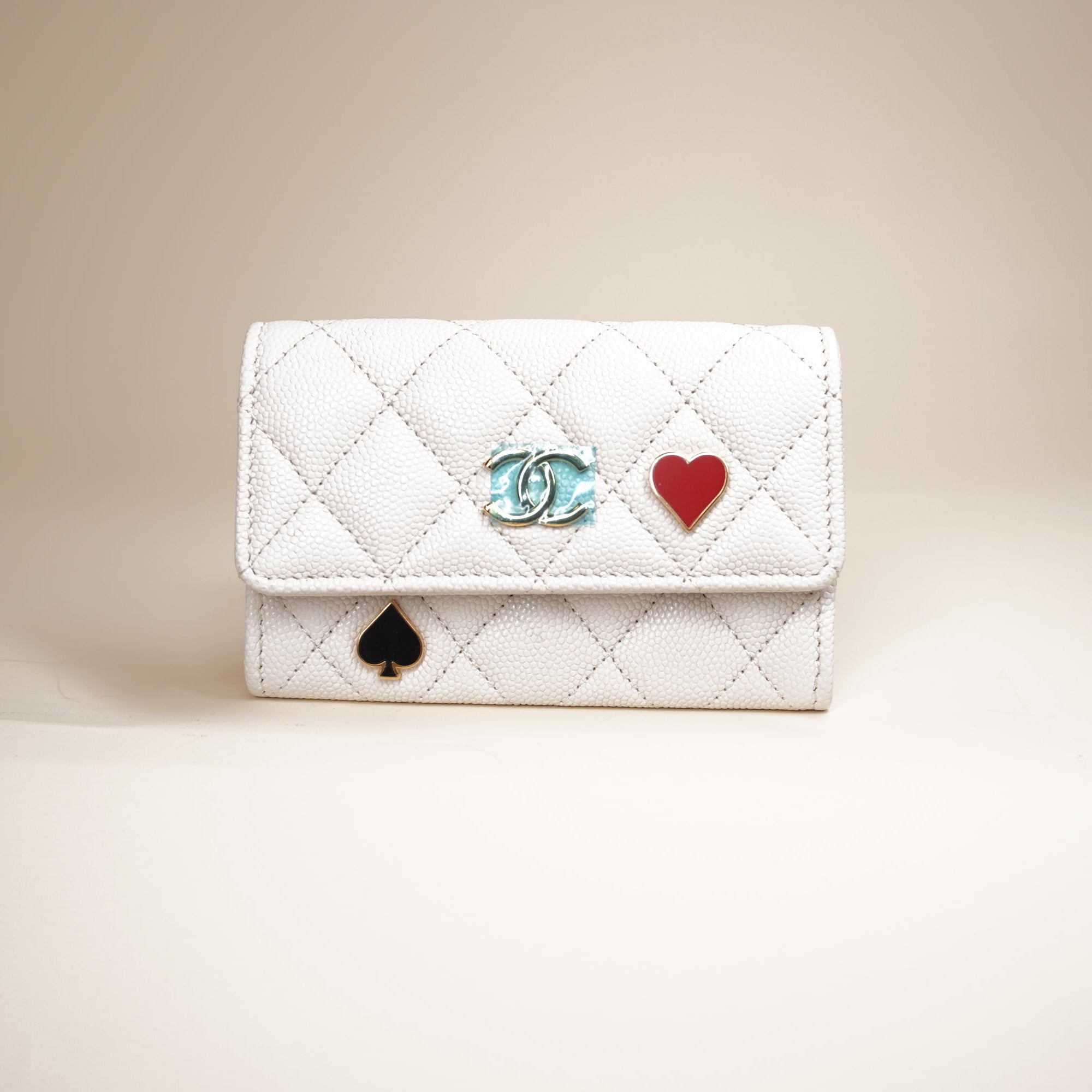 PRE-OWNED CC Caviar Leather Business Card Case Black White Red