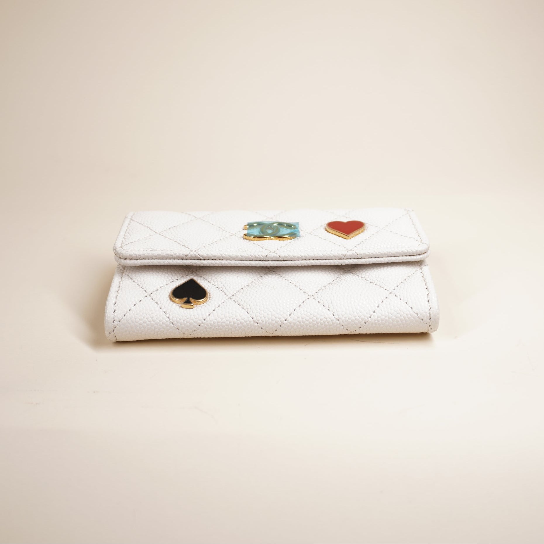 PRE-OWNED CC Caviar Leather Business Card Case Black White Red