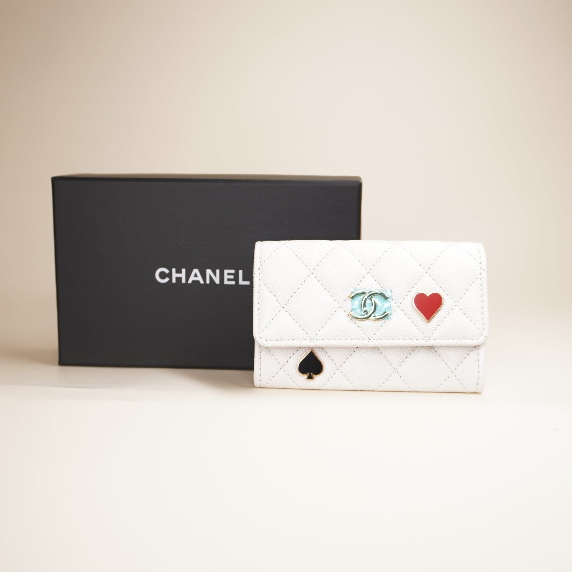 PRE-OWNED CC Caviar Leather Business Card Case Black White Red