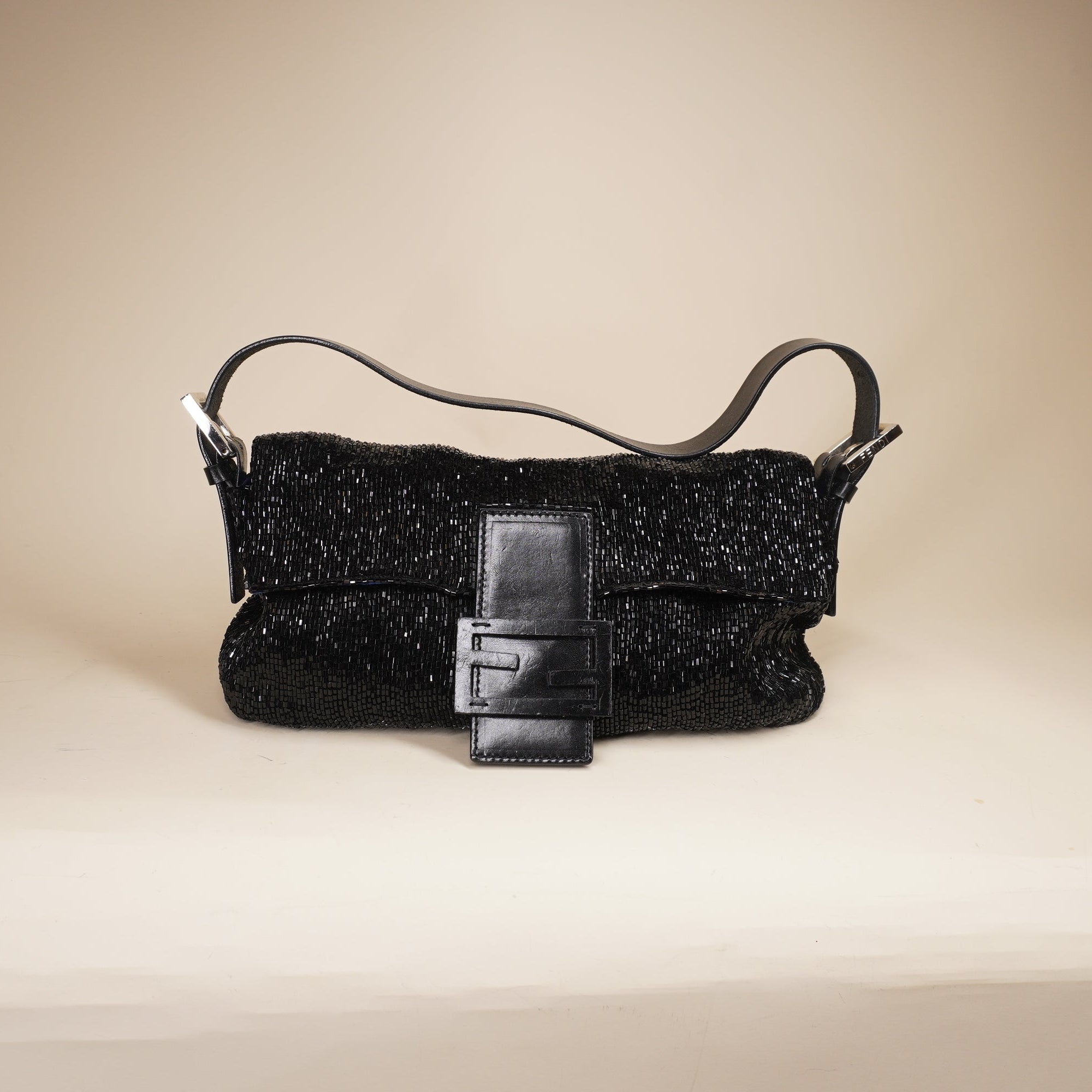 PRE-OWNED FF Black Sequin Beaded Baguette Shoulder Bag