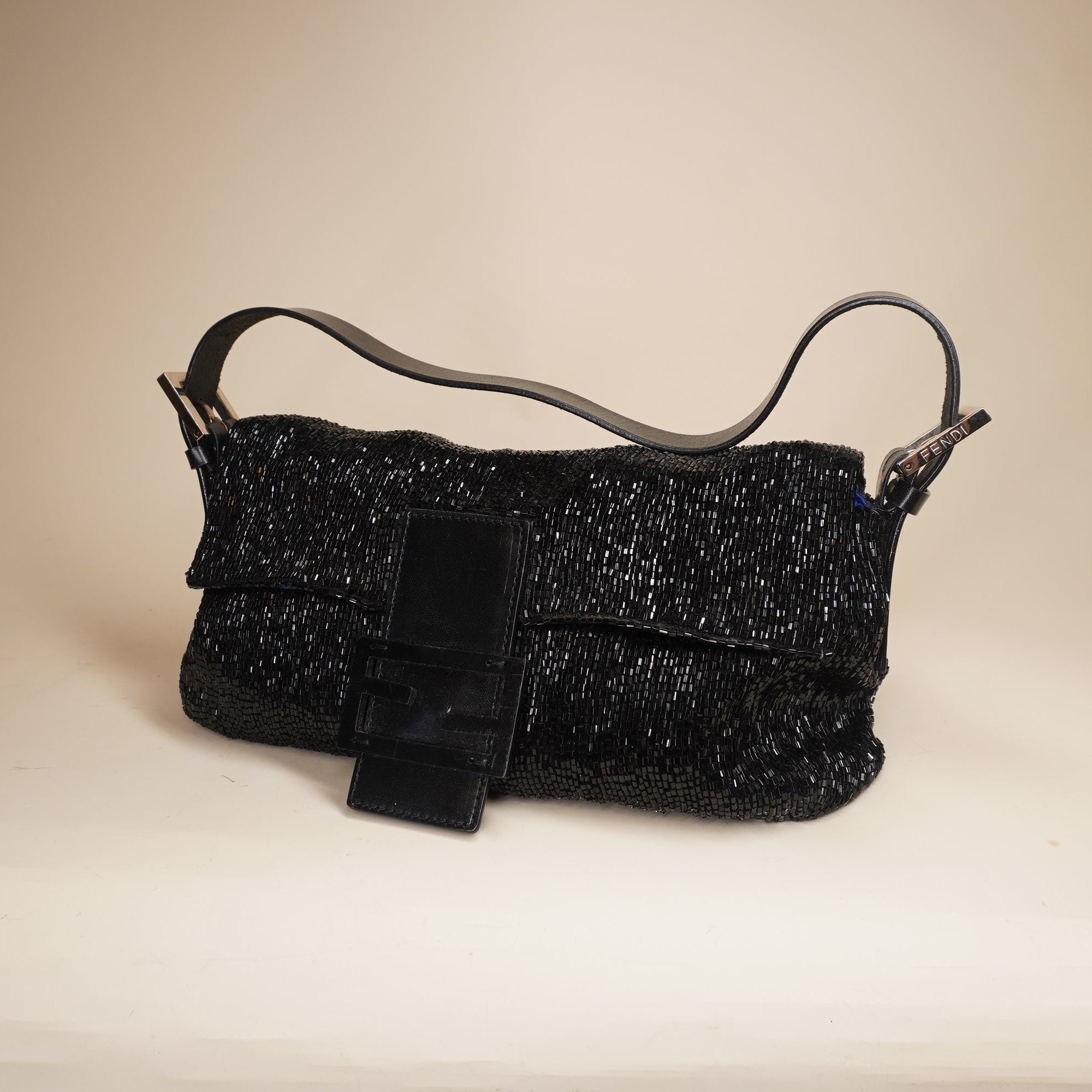 PRE-OWNED FF Black Sequin Beaded Baguette Shoulder Bag