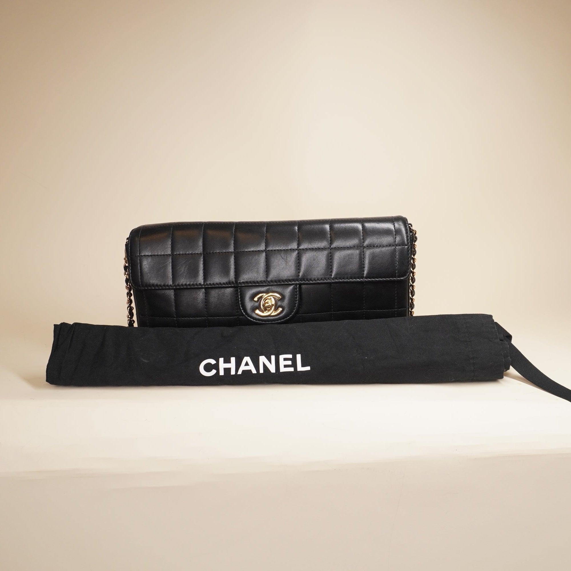 PRE-OWNED CC Black Lambskin East West Chocolate Bar Flap Shoulder Bag