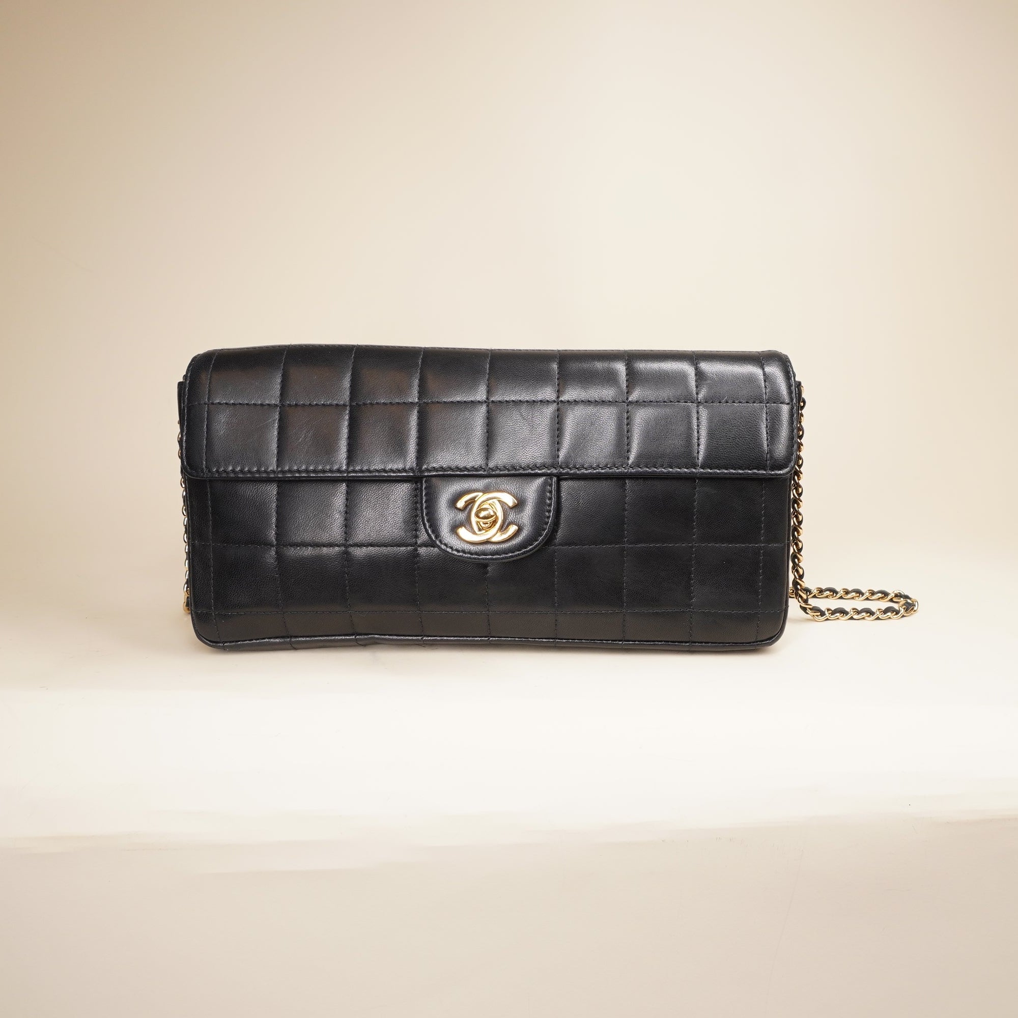 PRE-OWNED CC Black Lambskin East West Chocolate Bar Flap Shoulder Bag