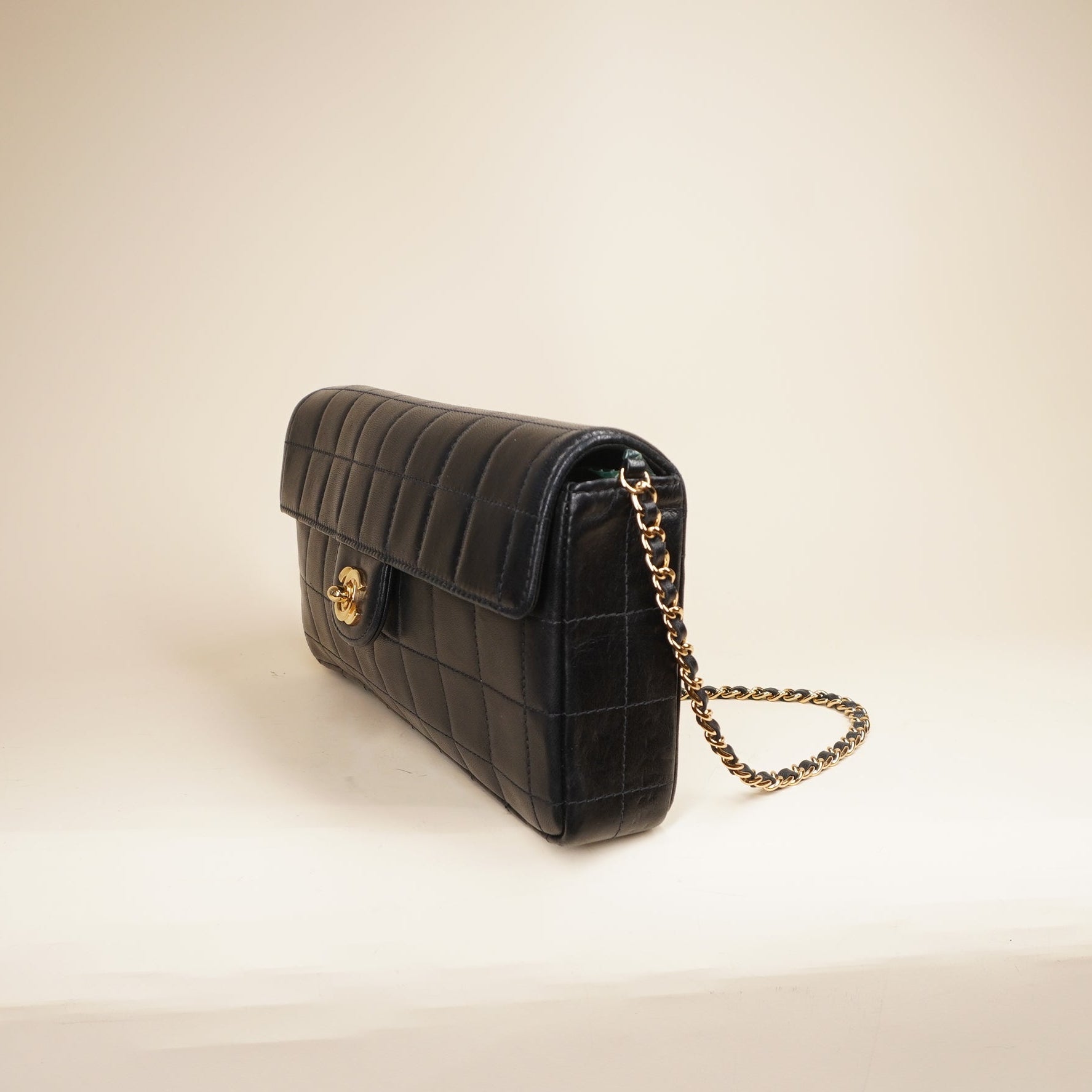 PRE-OWNED CC Black Lambskin East West Chocolate Bar Flap Shoulder Bag