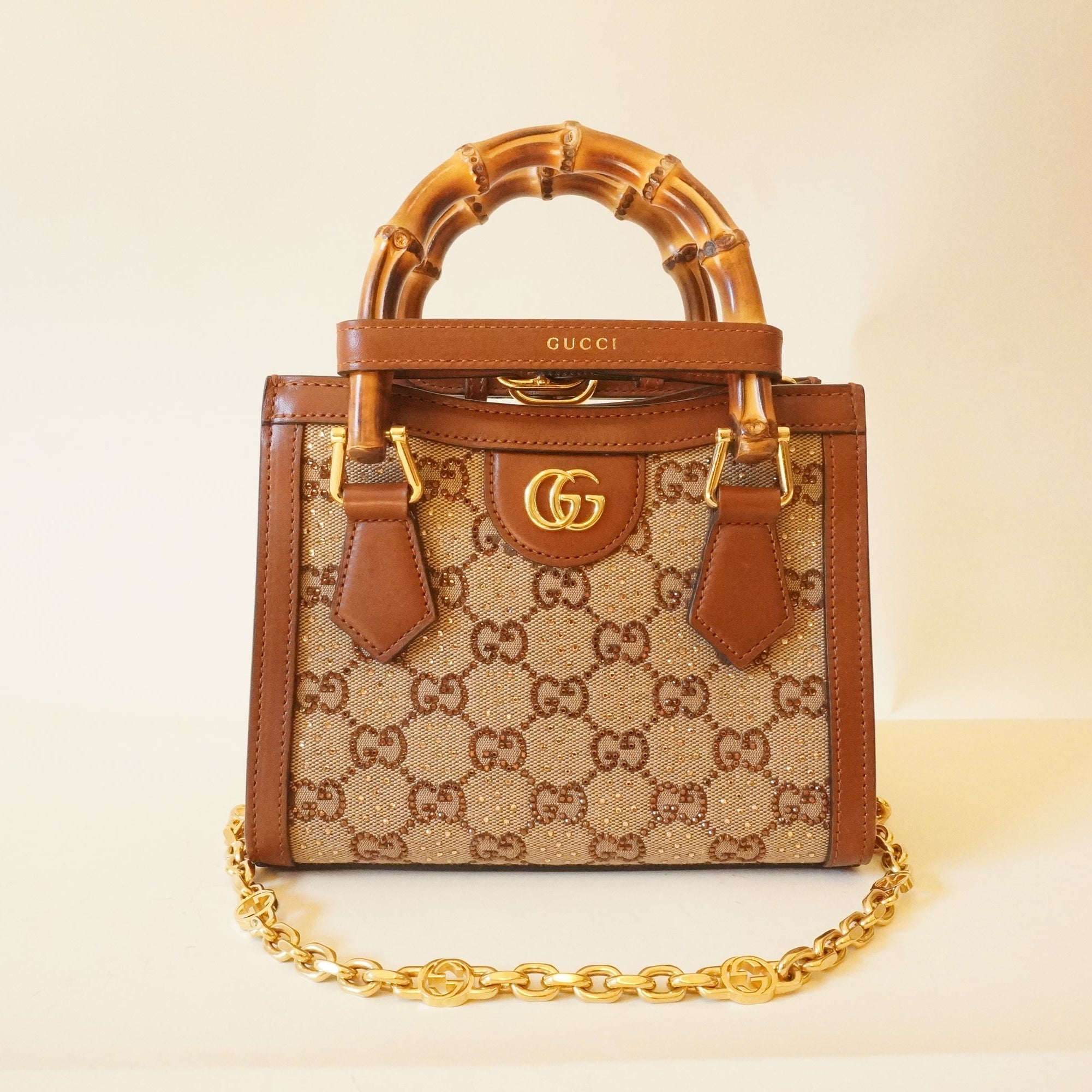 PRE-OWNED GG Charisma Calfskin Crystal GG Monogram Mini Diana Tote Bag Camel 