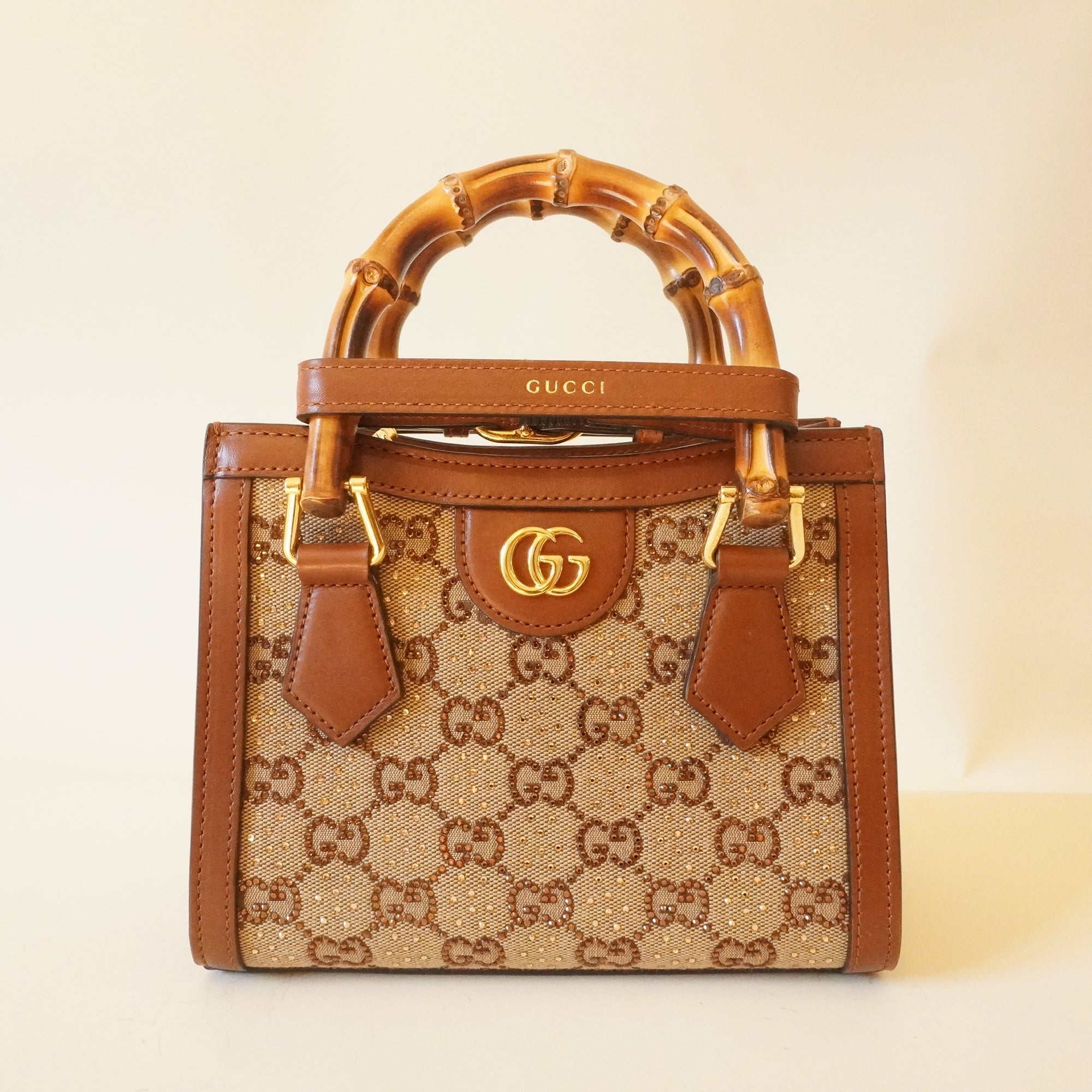 PRE-OWNED GG Charisma Calfskin Crystal GG Monogram Mini Diana Tote Bag Camel 