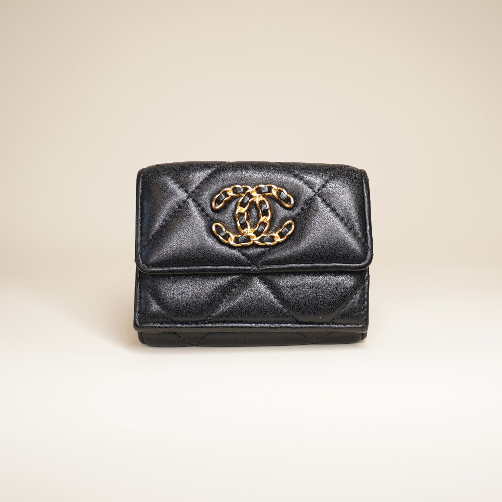 PRE-OWNED CC Black Lambskin 19 Tri-Fold Wallet