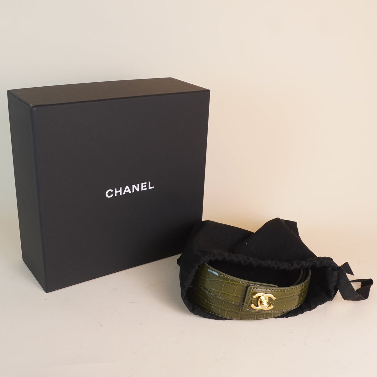 PRE-OWNED CC Crocodile Embossed Calfskin & Metal Green Belt