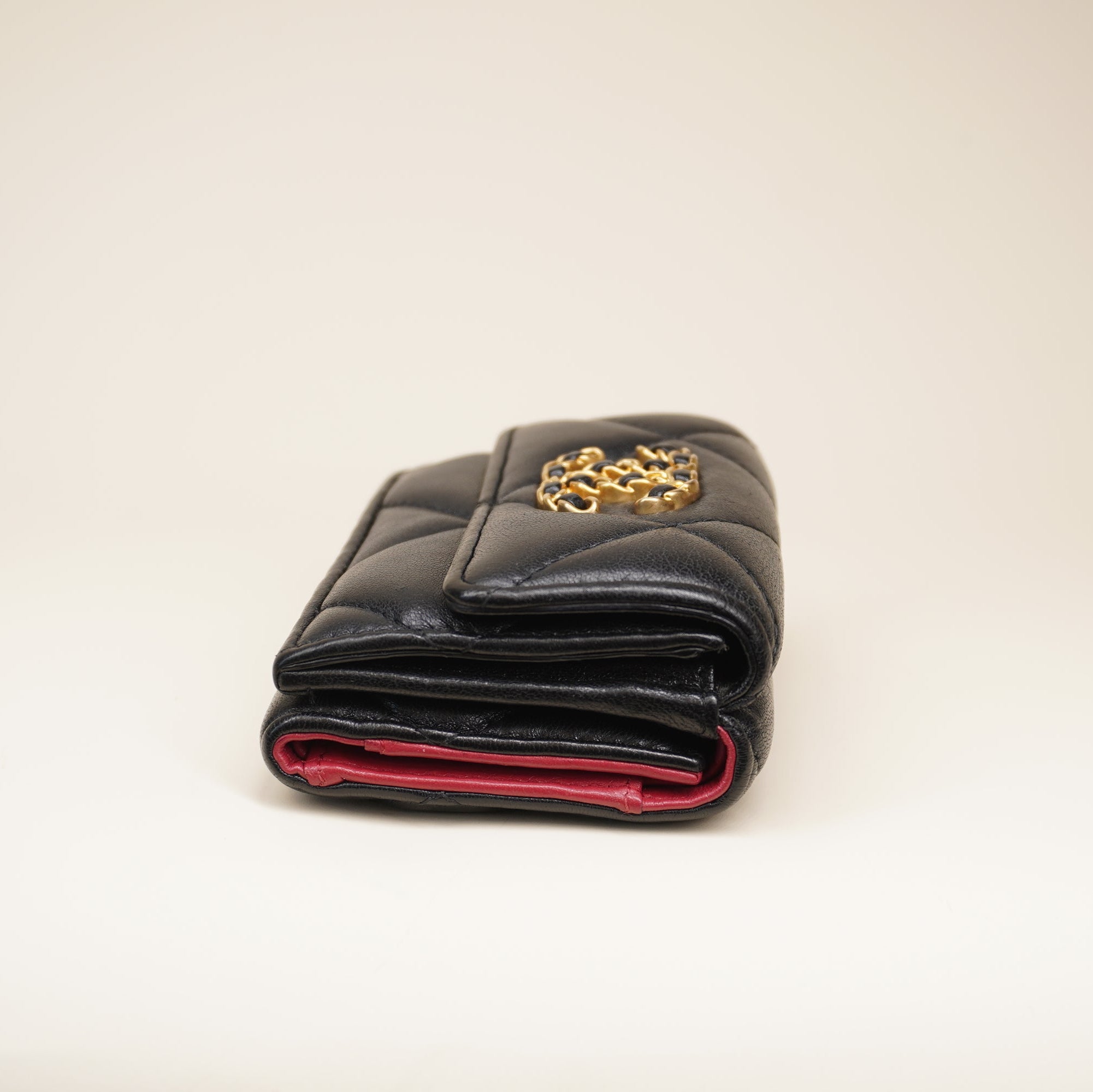 PRE-OWNED CC Black Lambskin 19 Tri-Fold Wallet