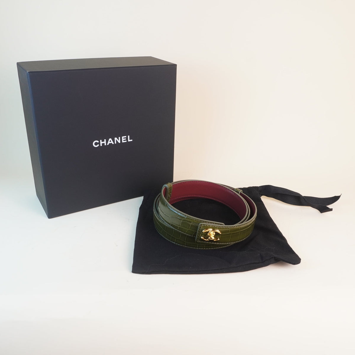 PRE-OWNED CC Crocodile Embossed Calfskin & Metal Green Belt